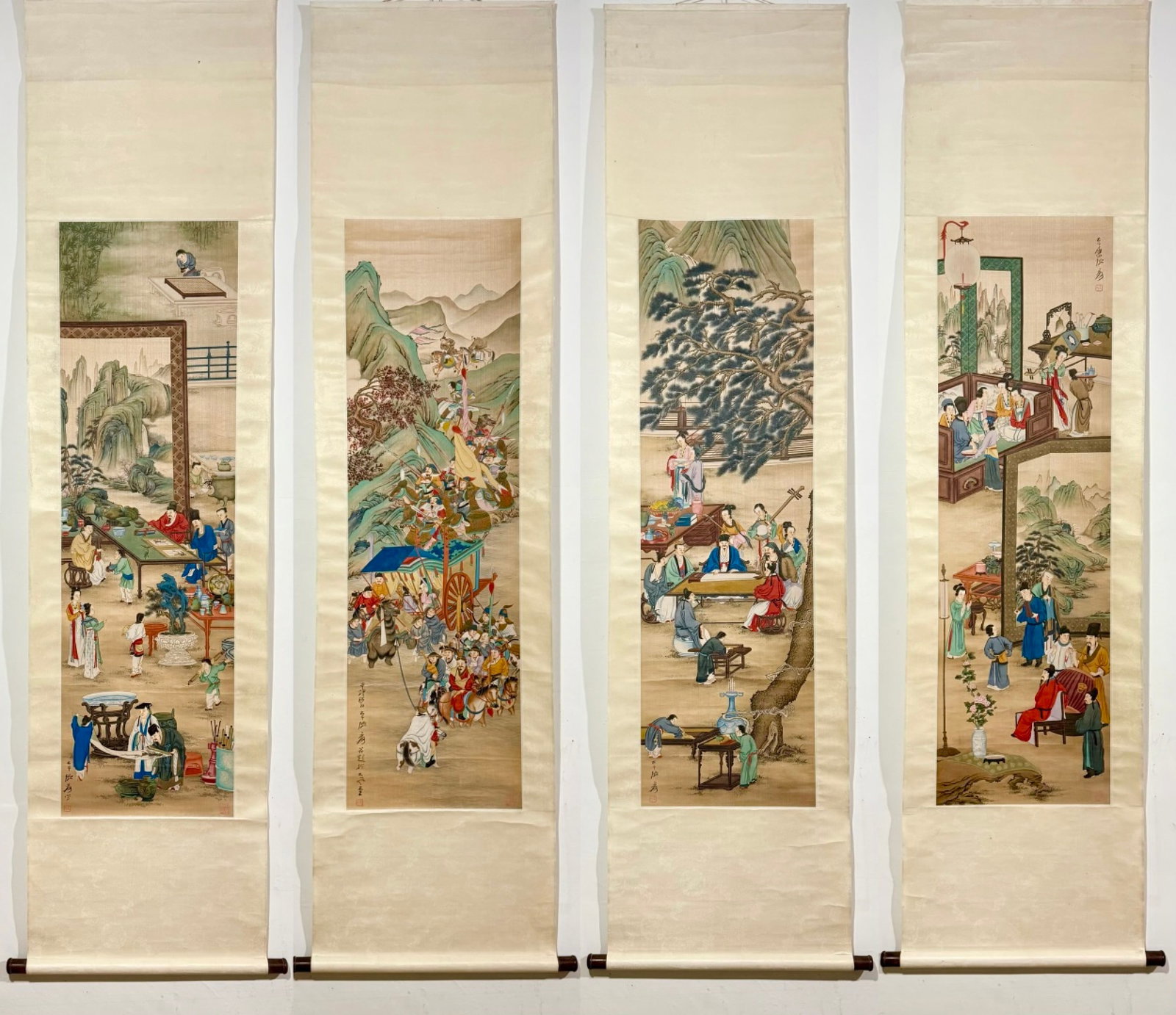 A Set of Chinese Vertical Scroll Ink Painting of Character and Story on Silk: A Set of Chinese Vertical Scroll Ink Painting of Character and Story on Silk,Zhang Daqian,Size:(entirety)21.7inx86.6in,(Without frame)15.7inx53.1in 一套中国水墨 