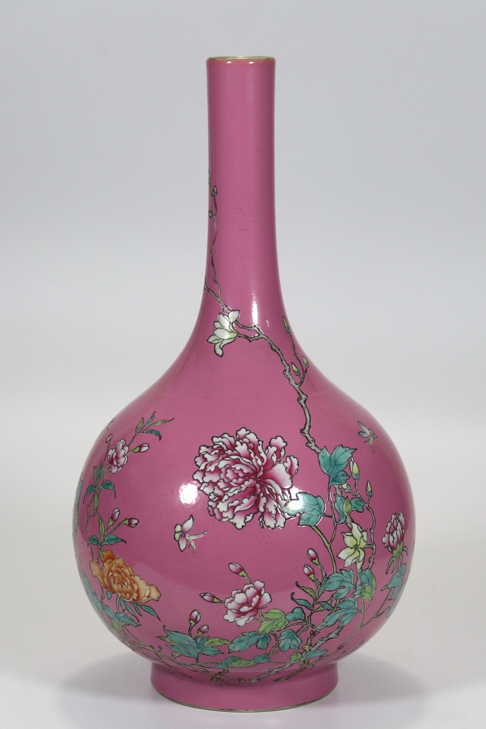 A fine famille rose palace-pink ground magnolia and peony long-necked gallbladder vase (1 of 9)