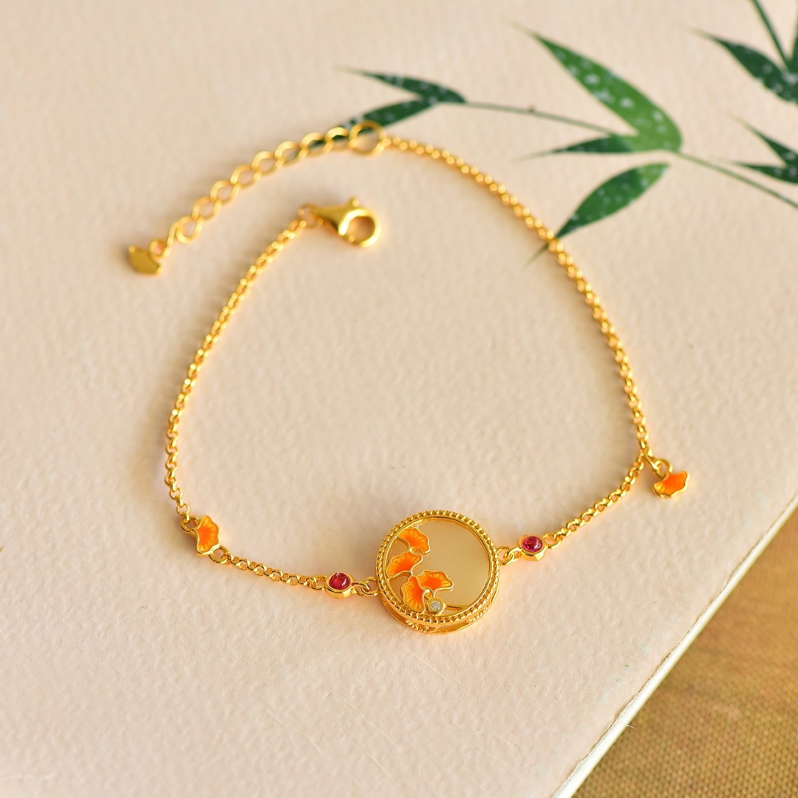 An Exquisite Sterling Silver-Gold Plated Inlaid White Jade Enamel Bracelets: An Exquisite Sterling Silver-Gold Plated Inlaid White Jade Enamel Bracelets 纯银镀金镶白玉珐琅手链