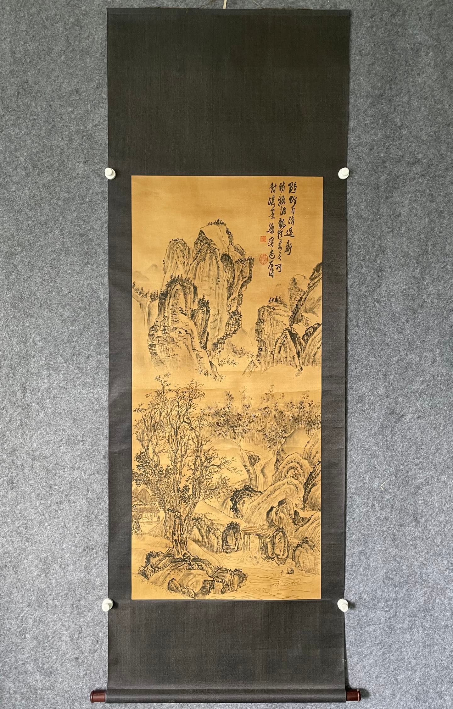 A Chinese Vertical Scroll Ink Painting of Landscape on Paper: A Chinese Vertical Scroll Ink Painting of Landscape on Paper,Shi Tao,Size:53.7inx24.2in 一幅中国水墨山水画立轴,石涛