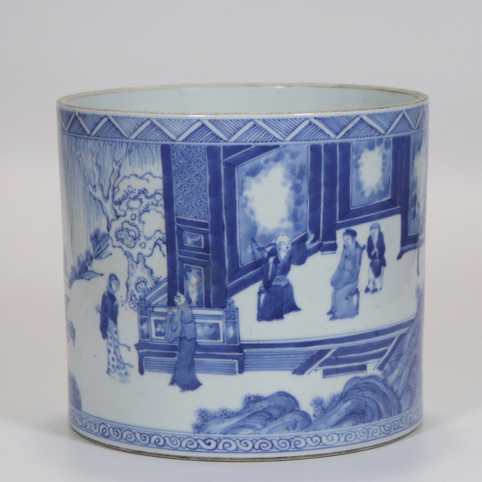 A fine blue and white figural narrative brush pot: A fine blue and white figural narrative brush pot, Qing Dynasty, China, with six-character Kangxi reign mark, Size:6.3inx7.1in 青花人物故事图笔筒,
