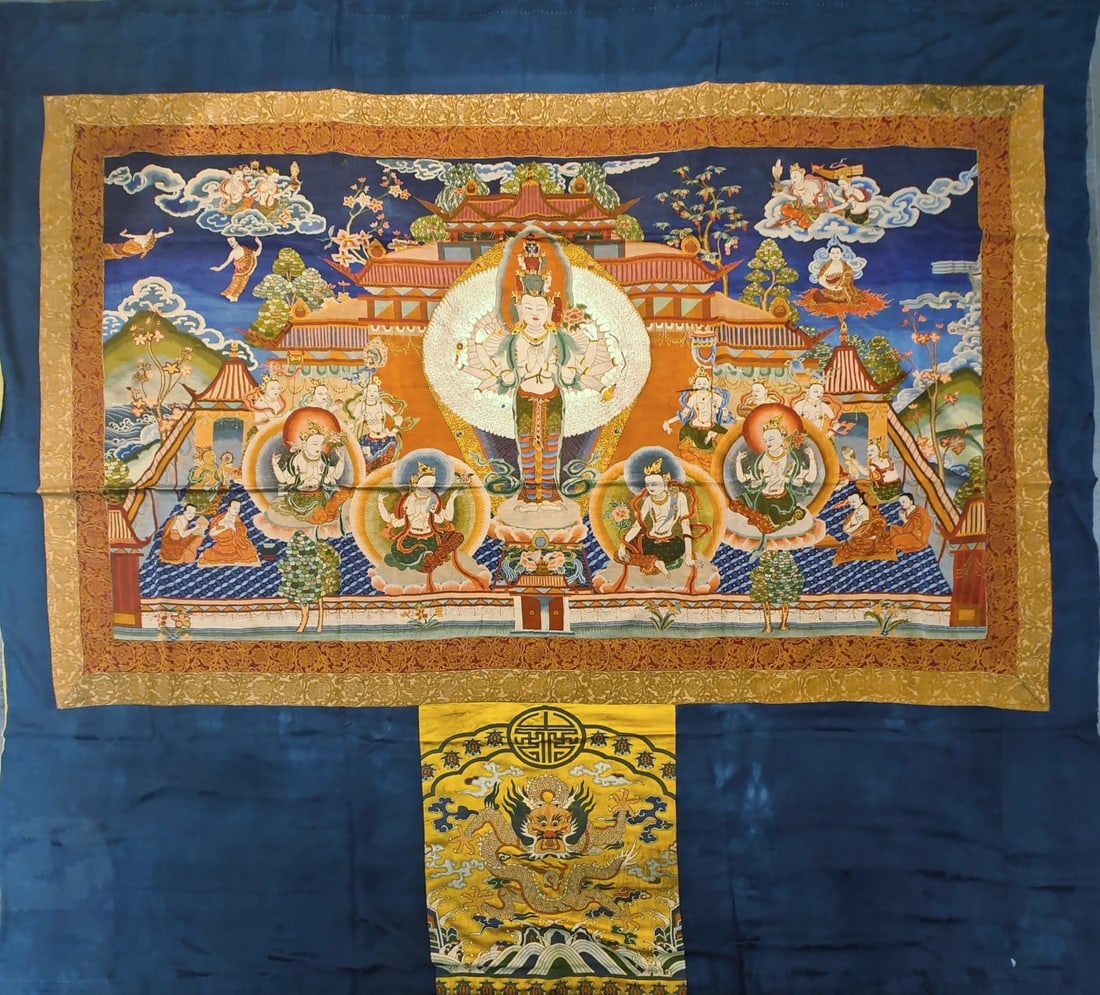 Nasha Embroidered Avalokitesvara Thangka with Thousand Hands and Thousand Eyes: Qing Dynasty Nasha Embroidered Thousand-Armed Thousand-Eyed Avalokitesvara Thangka. The Thousand-Armed Thousand-Eyed Avalokitesvara is a symbol of compassion and wisdom, usually presented as a god wit