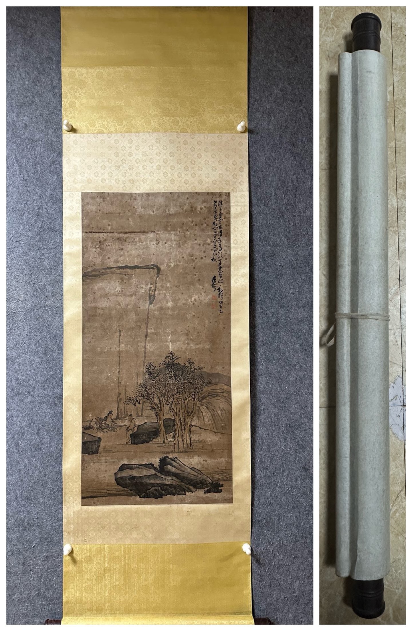 An Exquisite Chinese Vertical Scroll Ink Painting of Landscape and Figure on Paper: An Exquisite Chinese Vertical Scroll Ink Painting of Landscape and Figure on Paper,Huang Shen,Size:37inx18.1in 一幅中国水墨山水人物画&