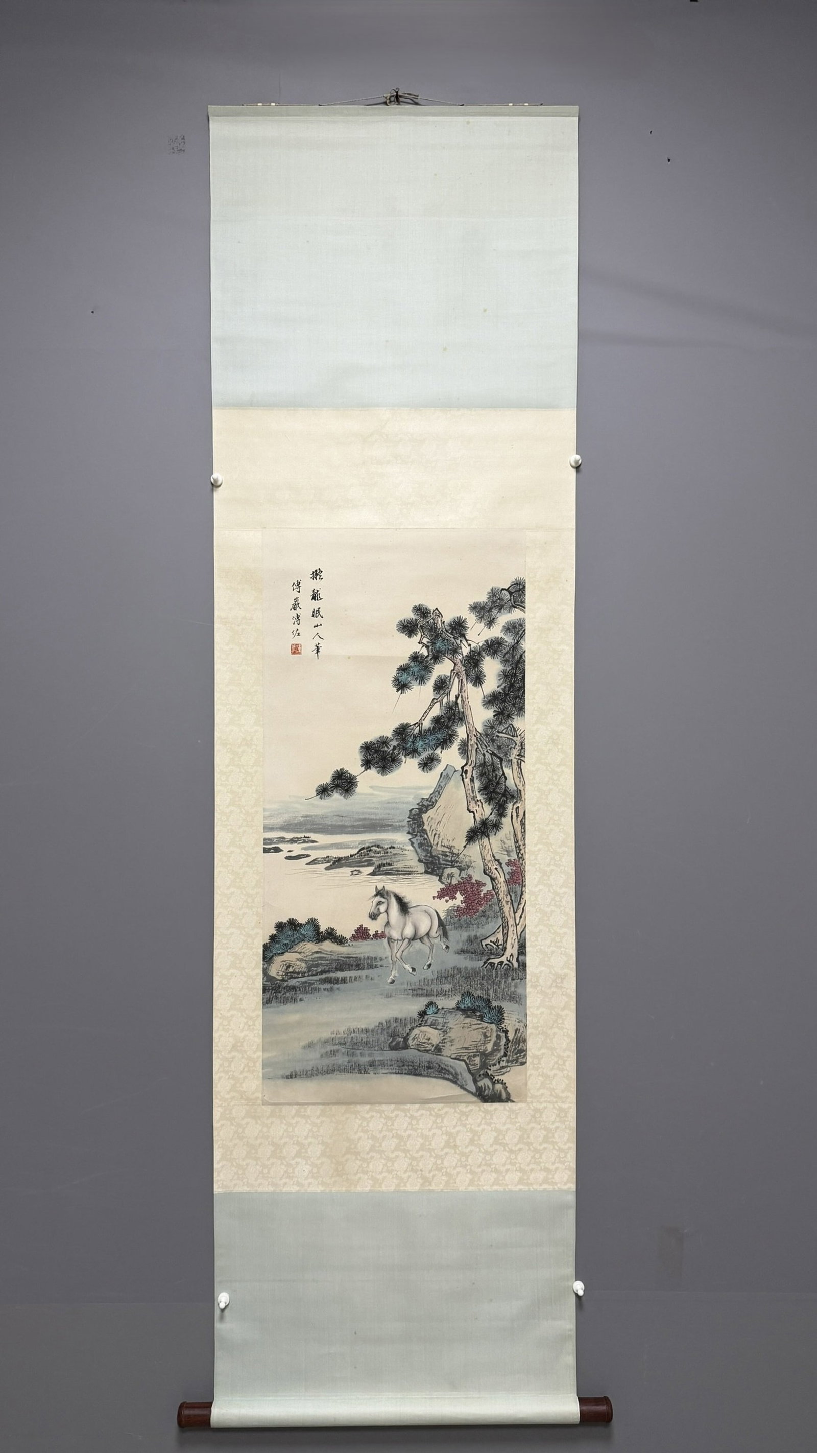 A Chinese Vertical Scroll Ink Painting of Landscape on Paper: A Chinese Vertical Scroll Ink Painting of Landscape on Paper,Pu Zuo,Size:37.8inx17.7in 一幅中国水墨山水画立轴,溥佐