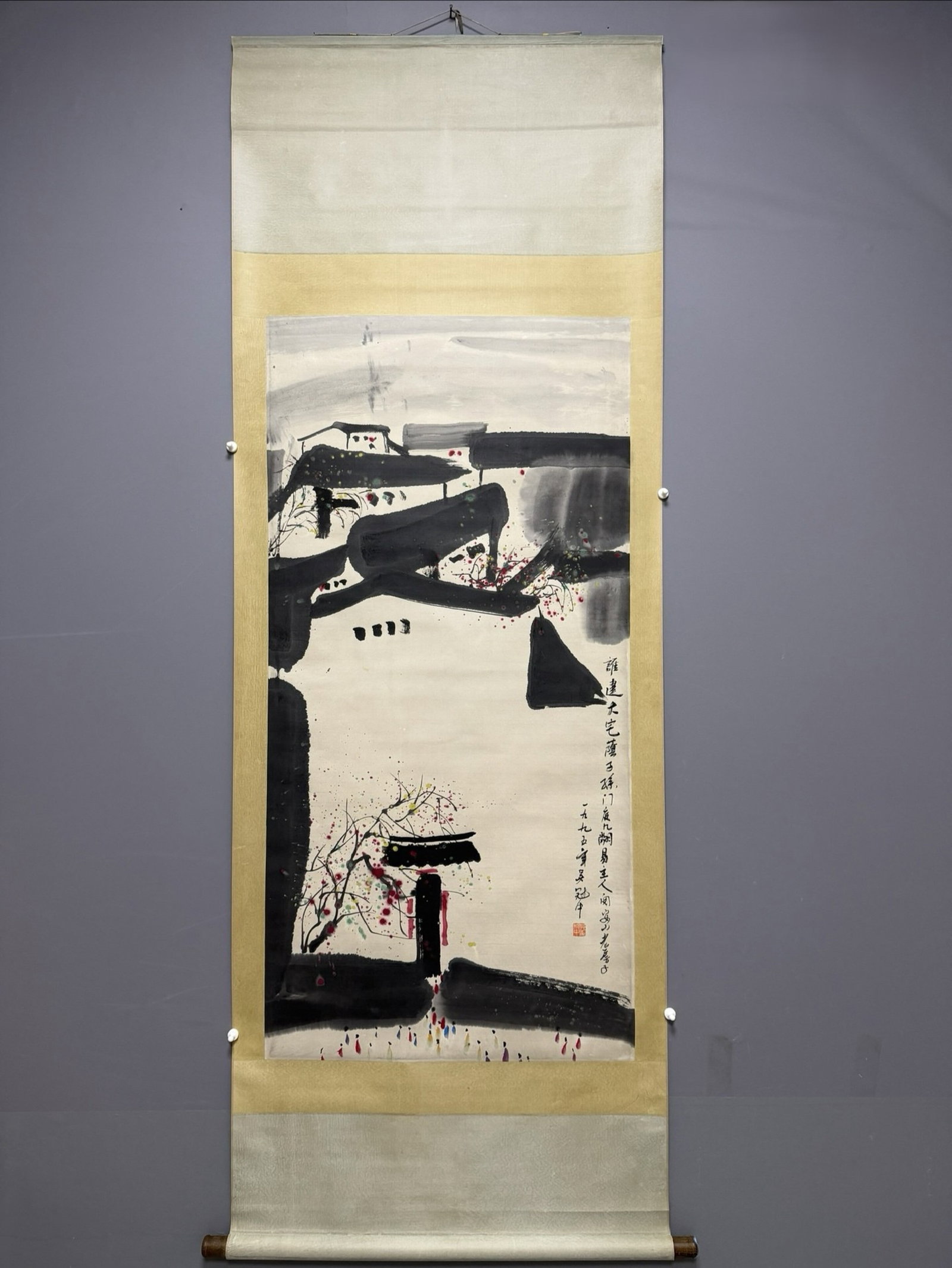 A Chinese Vertical Scroll Ink Painting of Landscape on Paper: A Chinese Vertical Scroll Ink Painting of Landscape on Paper,Wu Guanzhong,Size:54.3inx26.8in 一幅中国水墨山水画立轴,吴冠&#