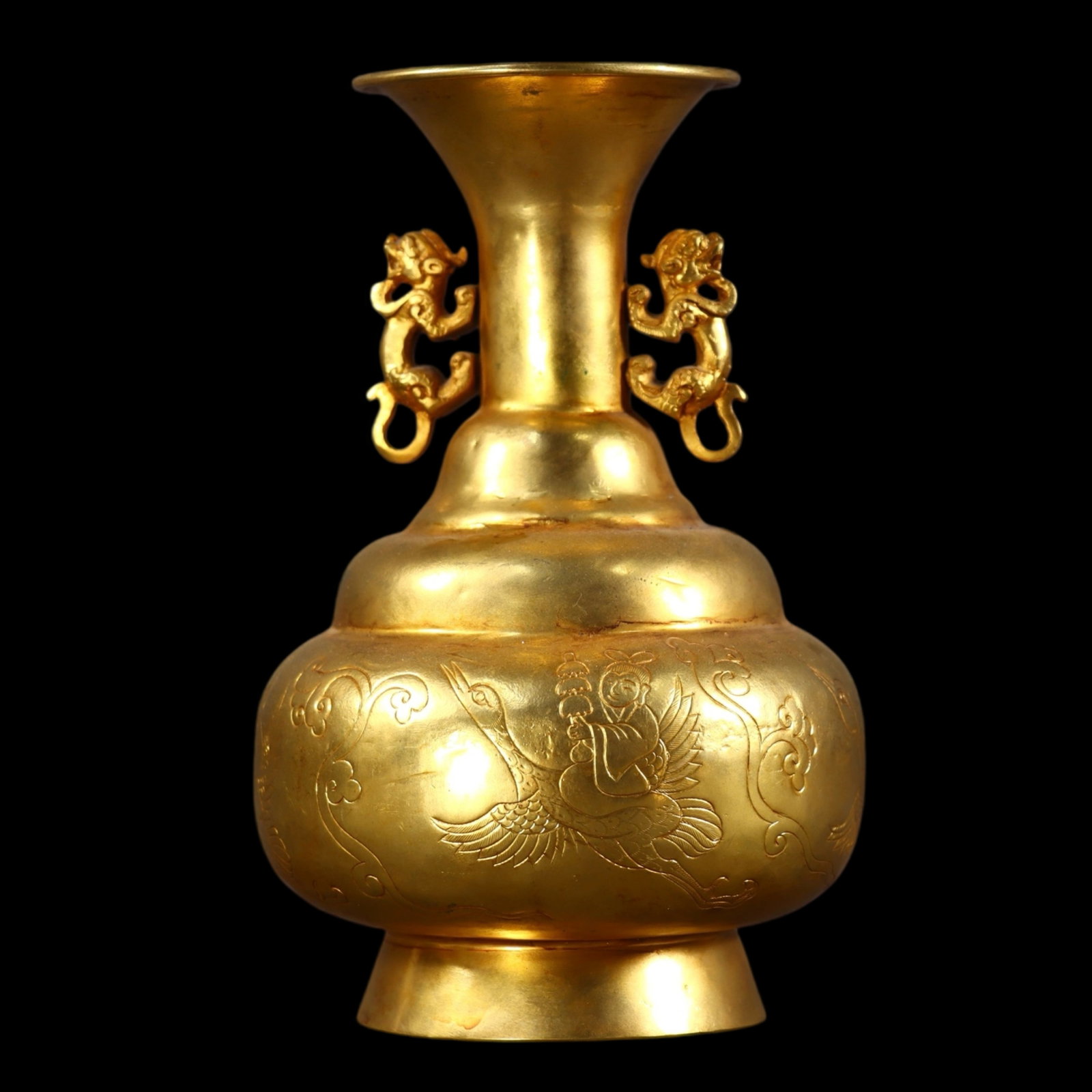 An Exquisite Gilt Bronze Flower and Bird Pattern Double-Ears Vase: An Exquisite Gilt Bronze Flower and Bird Pattern Double-Ears Vase,Tang Dynasty,China,With Mark,Size:7.1inx3.9in,Weight:482g 铜鎏金花鸟纹双耳瓶,