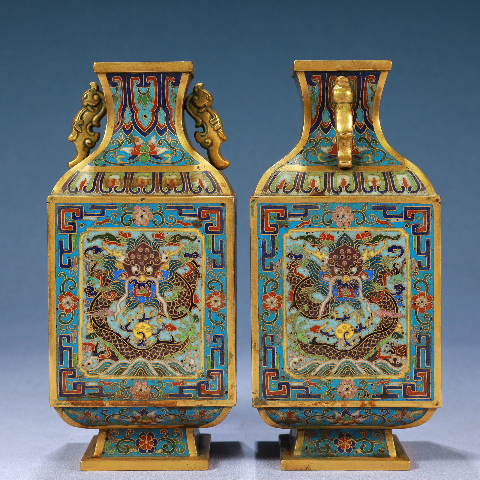 A Pair of Exquisite Cloisonne Seawater and Dragon Pattern Beast-Ears Vases (1 of 13)