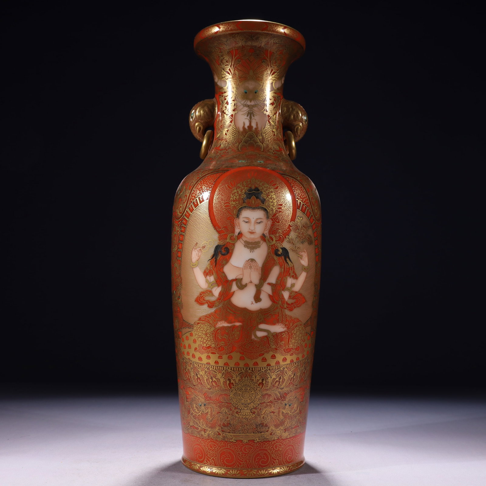 An Exquisite Enamel Gilt Statue of Four-Arms Avalokitesvara Elephant-Ears Vase: An Exquisite Enamel Gilt Statue of Four-Arms Avalokitesvara Elephant-Ears Vase,Qing Dynasty,China,Qianlong Four-character Mark,Size:5.5inx16.1in,Weight:2750g 珐琅彩鎏金&#