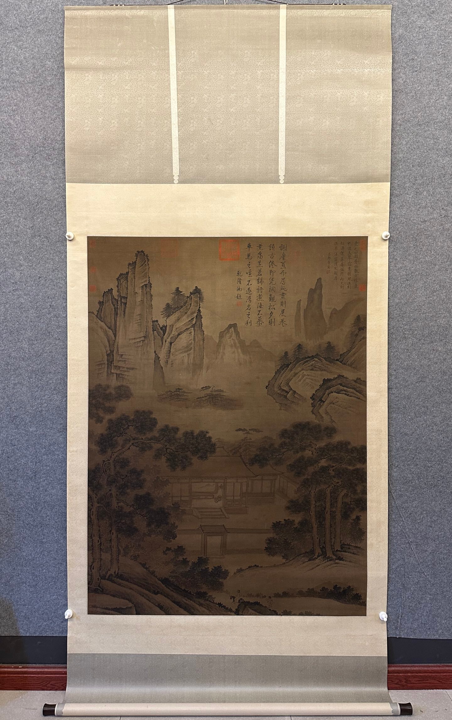 A Chinese Vertical Scroll Ink Painting of Landscape on Silk: A Chinese Vertical Scroll Ink Painting of Landscape on Silk,Tang Yin,Size:41.7inx57.1in 一幅中国水墨绢本山水画立轴,唐