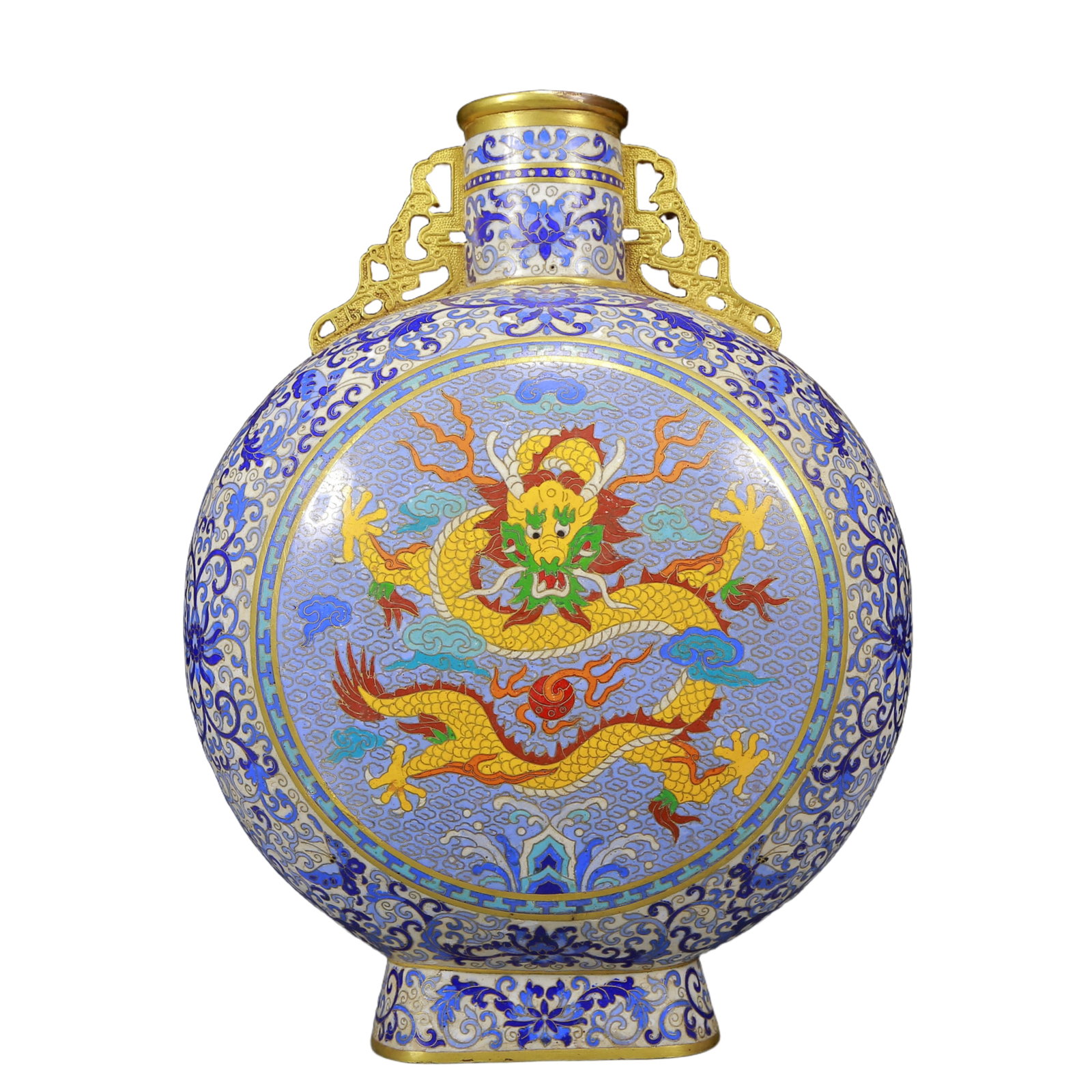 A Rare Cloisonne Dragon Pattern Double-Ears Vase: A Rare Cloisonne Dragon Pattern Double-Ears Vase,Ming Dynasty, China,Jingtai Six-character Mark,Size:9.4inx5.9inx13.8in,Weight:8510g 景泰蓝龙纹双耳瓶