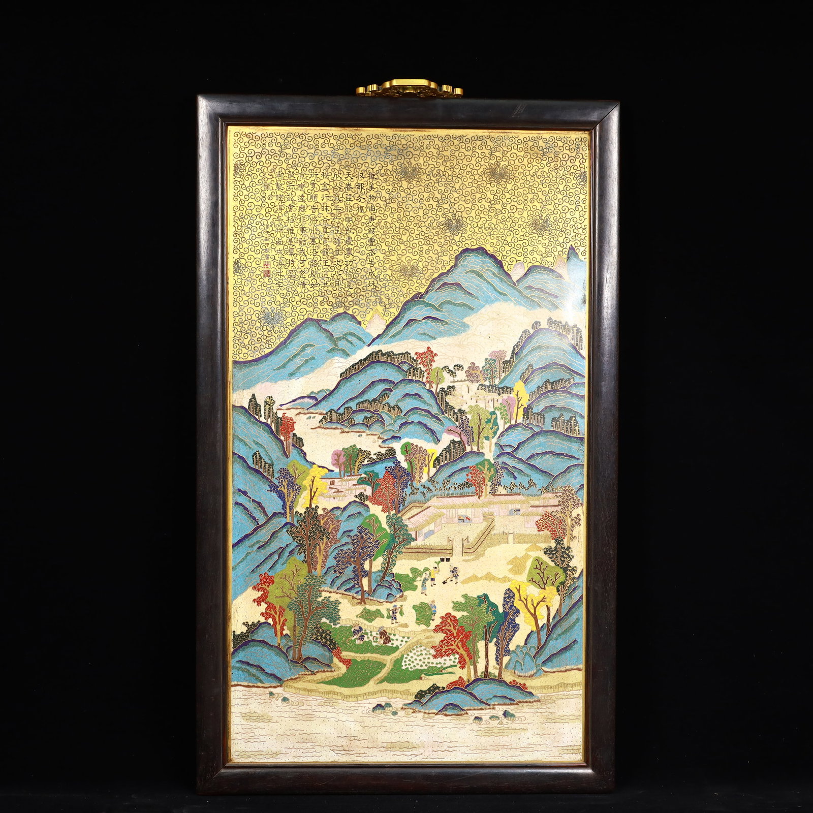 A Huge ZitanwoodInlaid Cloisonne Landscape and Figure Pattern Hanging Panel,With Poem: A Huge ZitanwoodInlaid Cloisonne Landscape and Figure Pattern Hanging Panel,With Poem,Qing Dynasty, China,Size:19.3inx33.5in,Weight:9450g