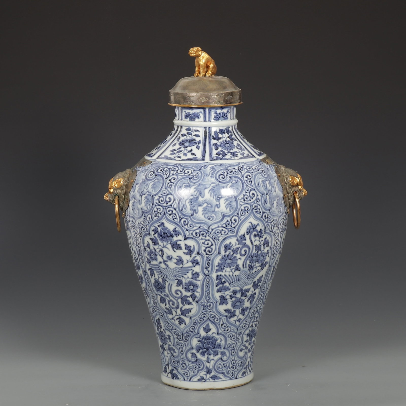 A Huge Blue and White Gilt Silver Lotus and Phoenix Pattern Beast-Ears Bottle: A Huge Blue and White Gilt Silver Lotus and Phoenix Pattern Beast-Ears Bottle,Yuan Dynasty,China,Size:21.3inx12.2in 青花银鎏金缠枝莲凤纹