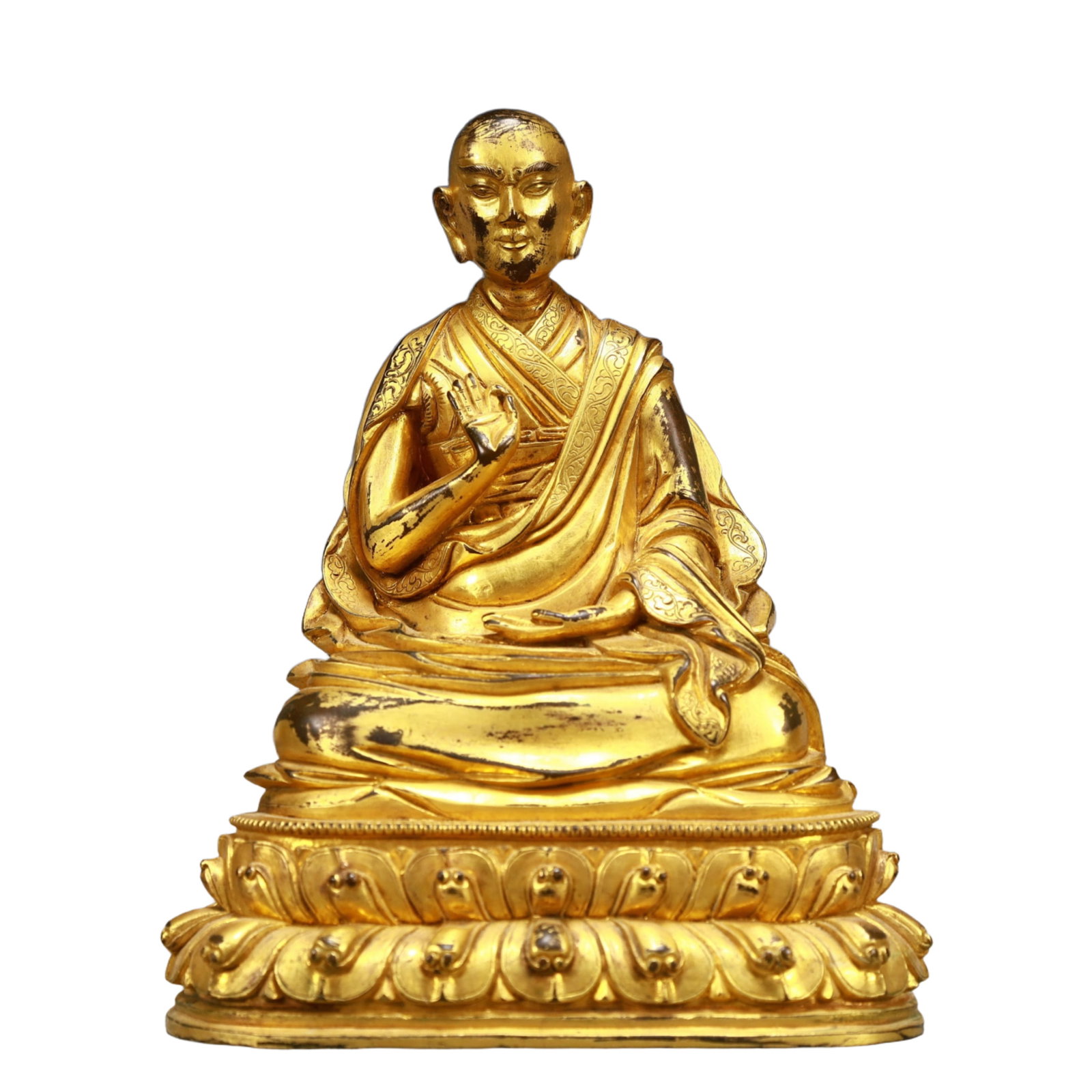 A Solemn Gilt Bronze Statue of Guru: A Solemn Gilt Bronze Statue of Guru,Qing Dynasty, China,Size:5.3inx3.5inx7.1in,Weight:1500g 铜鎏金上师像,中国清代