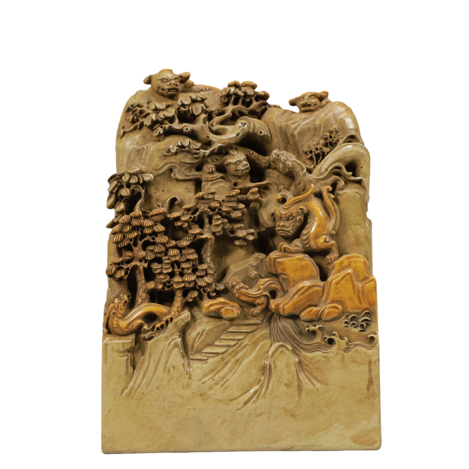 An Exquisite Shoushan Stone Carved Dragon Pattern Seal: An Exquisite Shoushan Stone Carved Dragon Pattern Seal,Qing Dynasty,China,Qianlong Mark,Size:4.1inx4.1inx5.9in,Weight:3450g 寿山石雕刻龙纹印章,