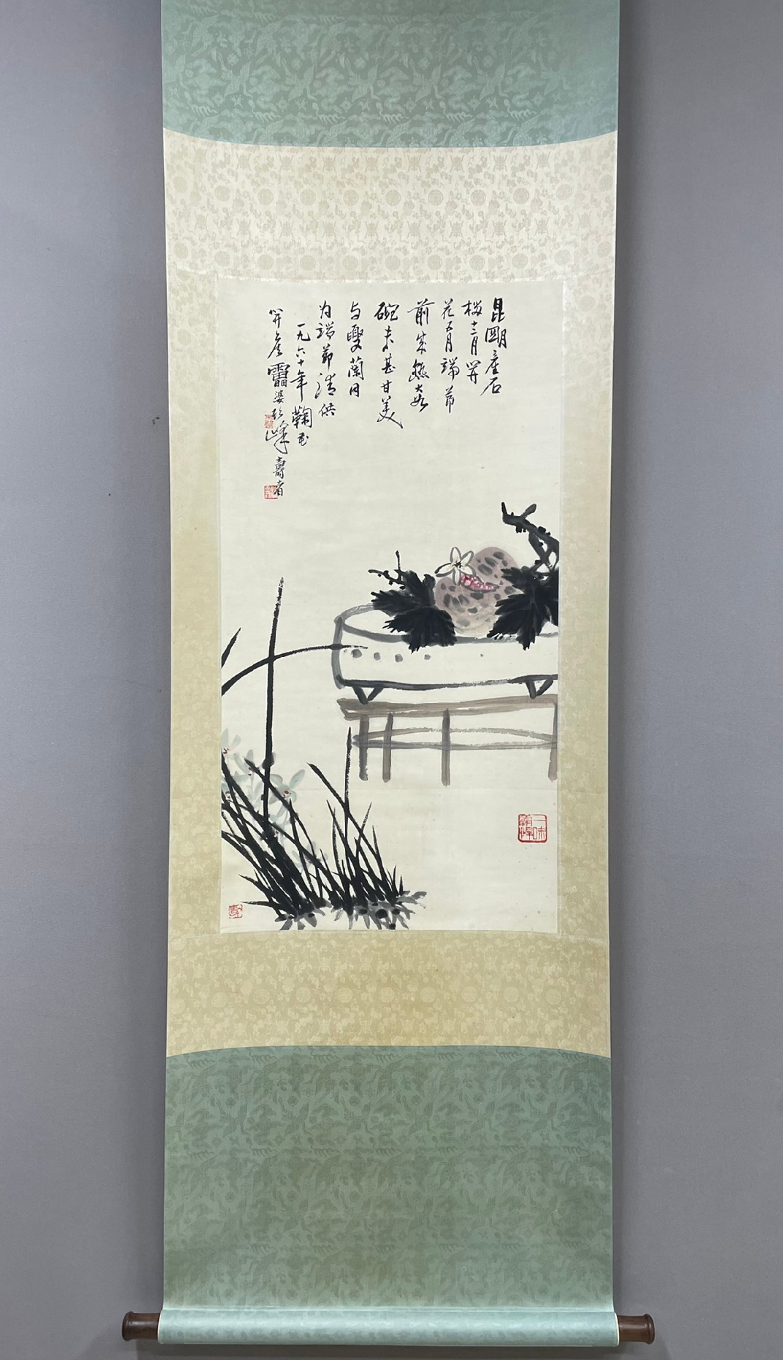 A Chinese Vertical Scroll Ink Painting of Pomegranate on Paper: A Chinese Vertical Scroll Ink Painting of Pomegranate on Paper,Pan Tianshou,Size:34.6inx18.1in 一幅中国水墨石榴画立轴,潘天