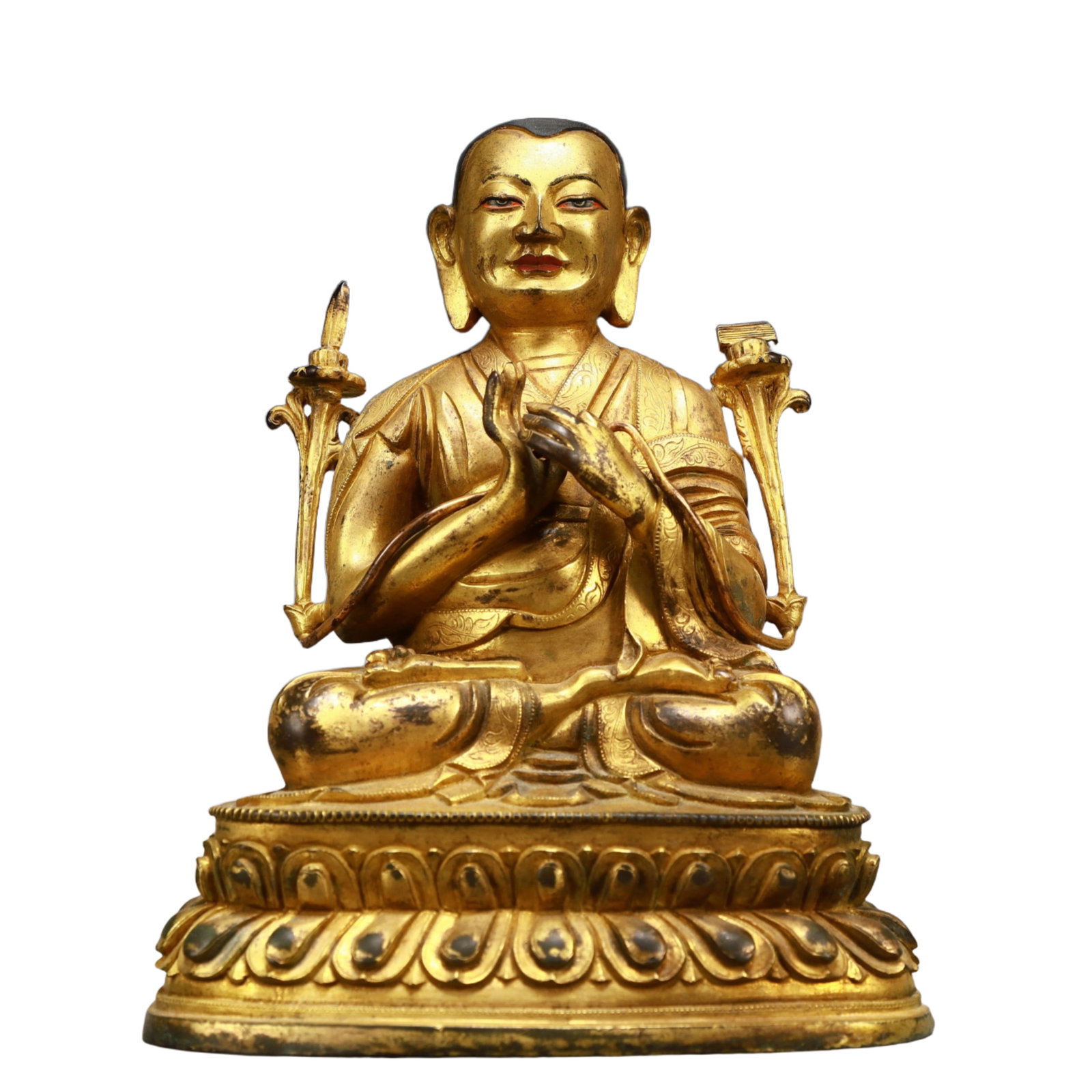 A Solemn Gilt Bronze Statue of Guru: A Solemn Gilt Bronze Statue of Guru,Qing Dynasty, China,Size:6.3inx4.3inx7.5in,Weight:2750g 铜鎏金上师像,中国清代