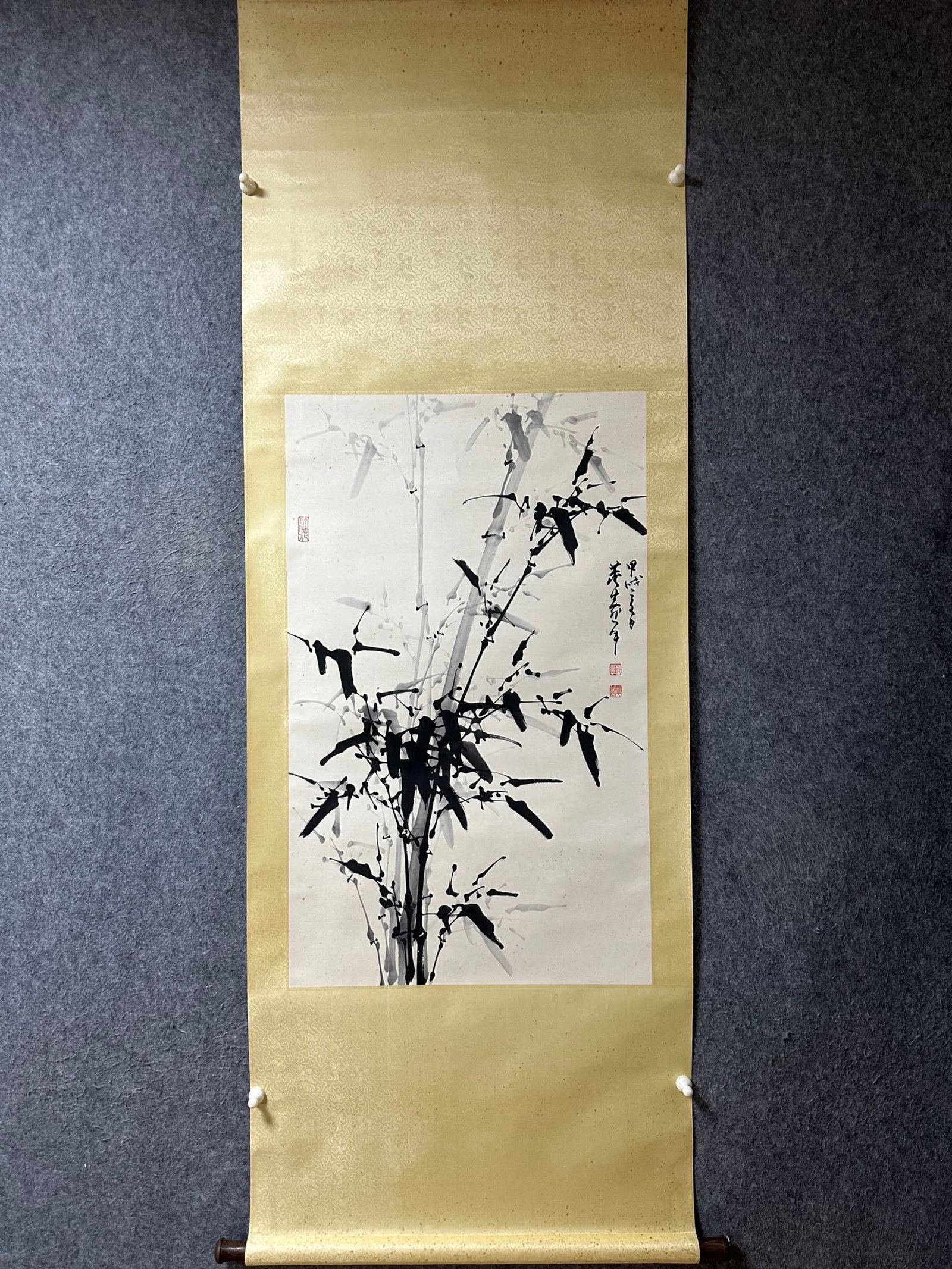 A Chinese Vertical Scroll Ink Painting of Bamboo on Paper: A Chinese Vertical Scroll Ink Painting of Bamboo on Paper,Dong Shouping,Size:37.4inx22.8in 一幅中国水墨竹画立轴,董寿平