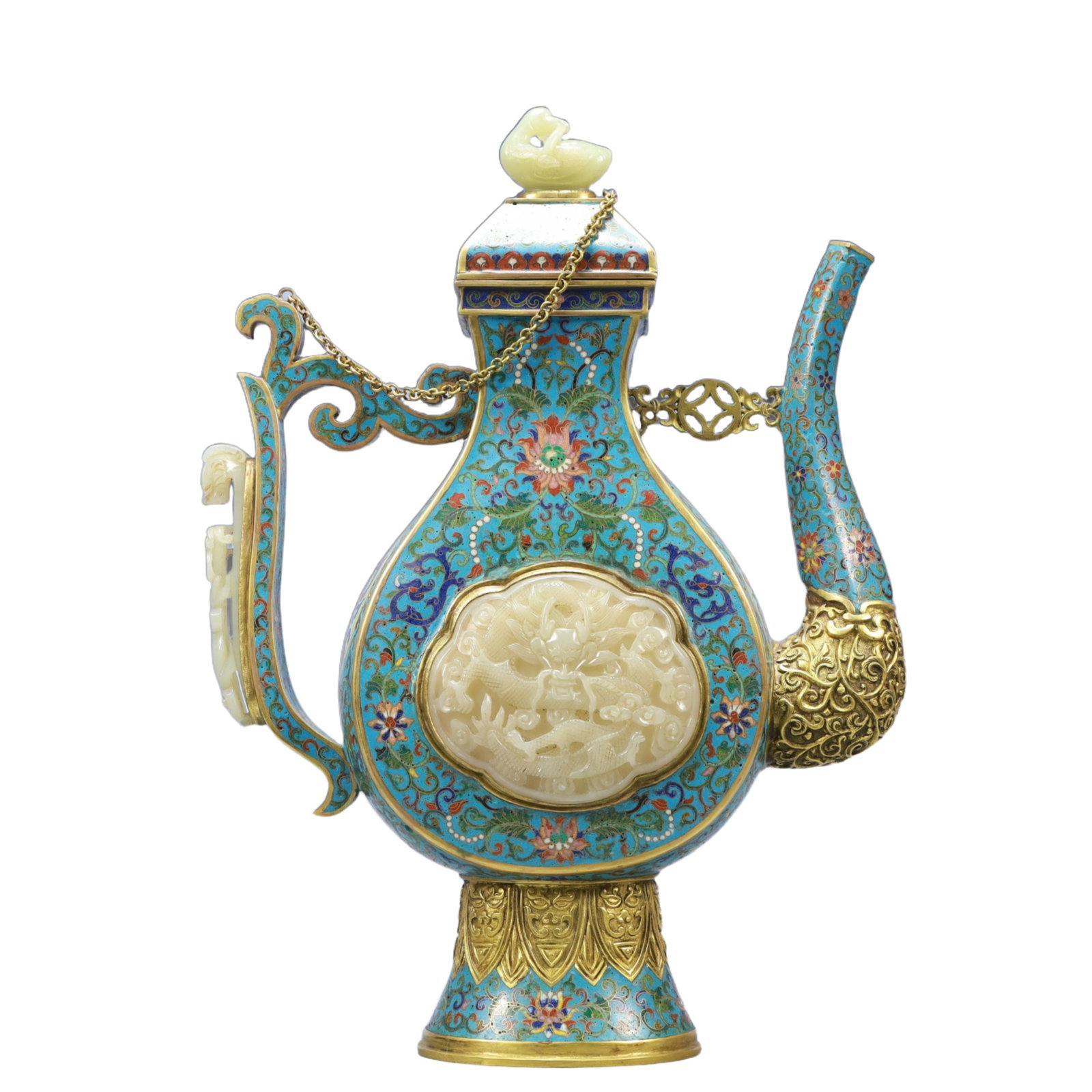 An Exquisite Cloisonne Inlaid White Jade Lotus and Dragon Pattern Ewer: An Exquisite Cloisonne Inlaid White Jade Lotus and Dragon Pattern Ewer,Qing Dynasty, China,Qianlong Four-character Mark,Size：11inx3.1inx15in; Weight：3150g 景泰蓝嵌