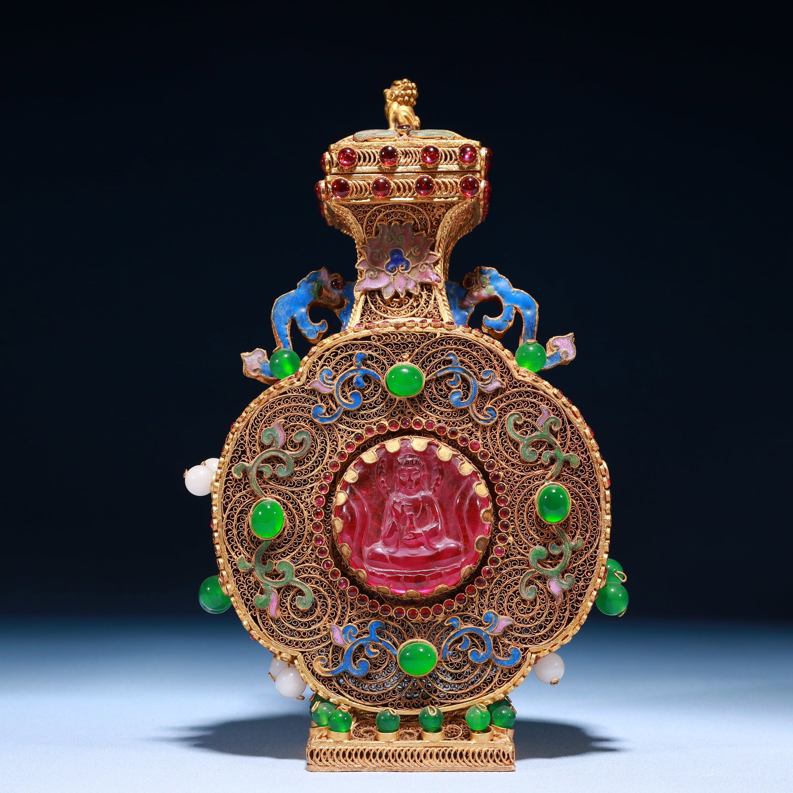 An Exquisite Filigree and Gilding Figure Pattern Double-Ears Bottle,Inlaid Jasper: An Exquisite Filigree and Gilding Figure Pattern Double-Ears Bottle,Inlaid Jasper,Qing Dynasty,China,Qianlong Four-character Mark,Size:5.5inx2inx9.4in,Weight:750g 掐丝鎏金É