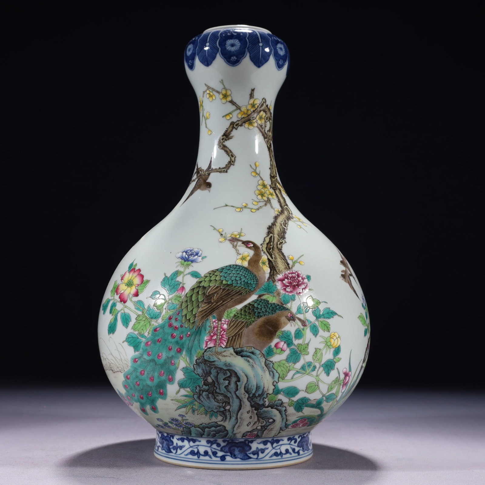 An Exquisite Famille-Rose Flower and Peacock Pattern Vase,with poem: An Exquisite Famille-Rose Flower and Peacock Pattern Vase,with poem,Qing Dynasty,China,Qianlong Six-character Mark,Size:7.1inx12.6in,Weight:1850g