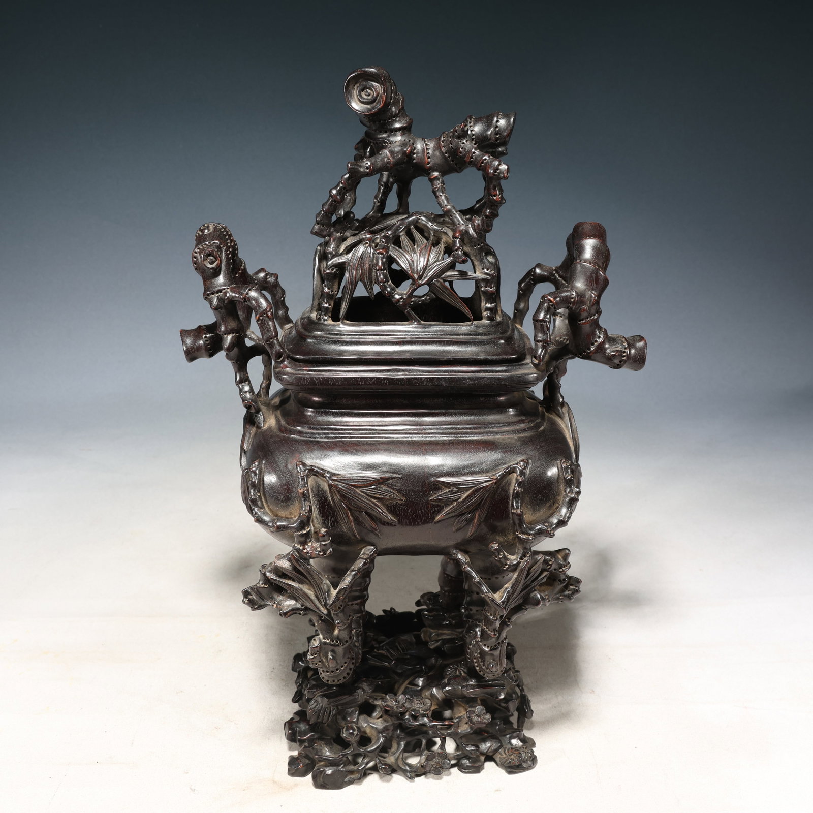 A Huge Zitanwood Bamboo Pattern Double-Ears Four Legs Censer,With Base: A Huge Zitanwood Bamboo Pattern Double-Ears Four Legs Censer,With Base,Qing Dynasty,China,Qianlong Four-character Mark,Size:10.6inx7.5inx16.1in,Weight:2200g 紫檀木竹纹