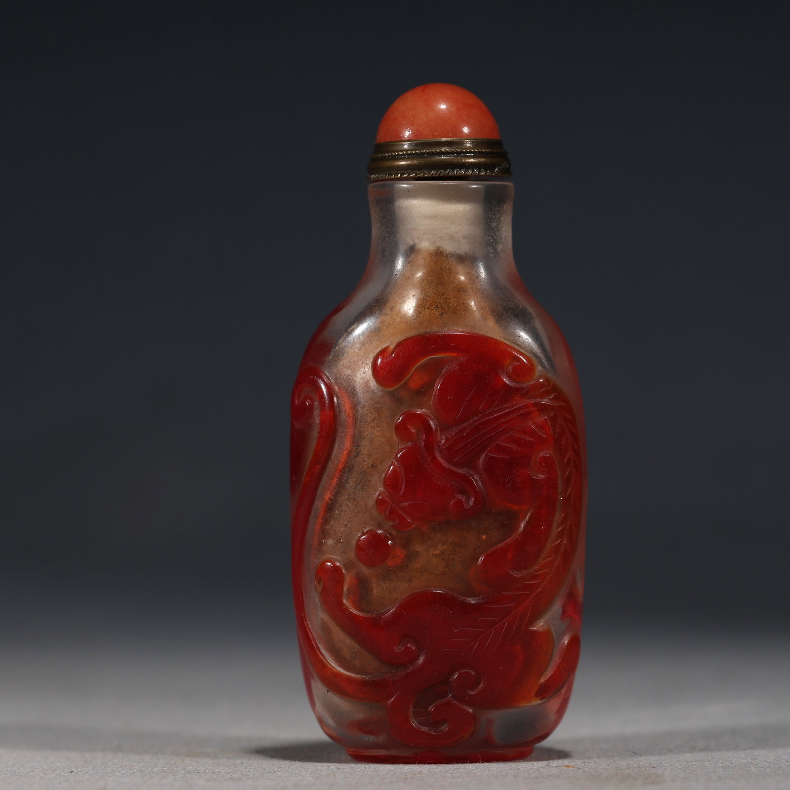 An Exquisite Overlaid Red Glass Snuff Bottle With Dragon Pattern: An Exquisite Overlaid Red Glass Snuff Bottle With Dragon Pattern,China,Qing Dynasty,Four-Character Qianlong