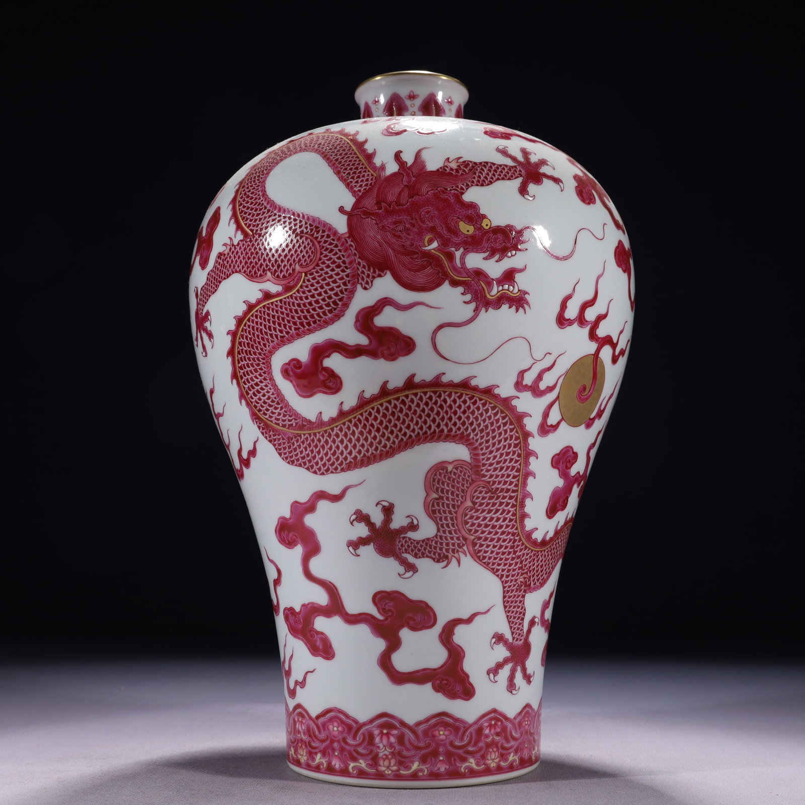 An Exquisite Ruby Red-Glazed Painted Gold Auspicious Cloud and Dragon Pattern Vase: An Exquisite Ruby Red-Glazed Painted Gold Auspicious Cloud and Dragon Pattern Vase,Qing Dynasty,China,Yongzheng Six-character Mark,Size:7.1inx13in,Weight:1950g 胭脂红描金