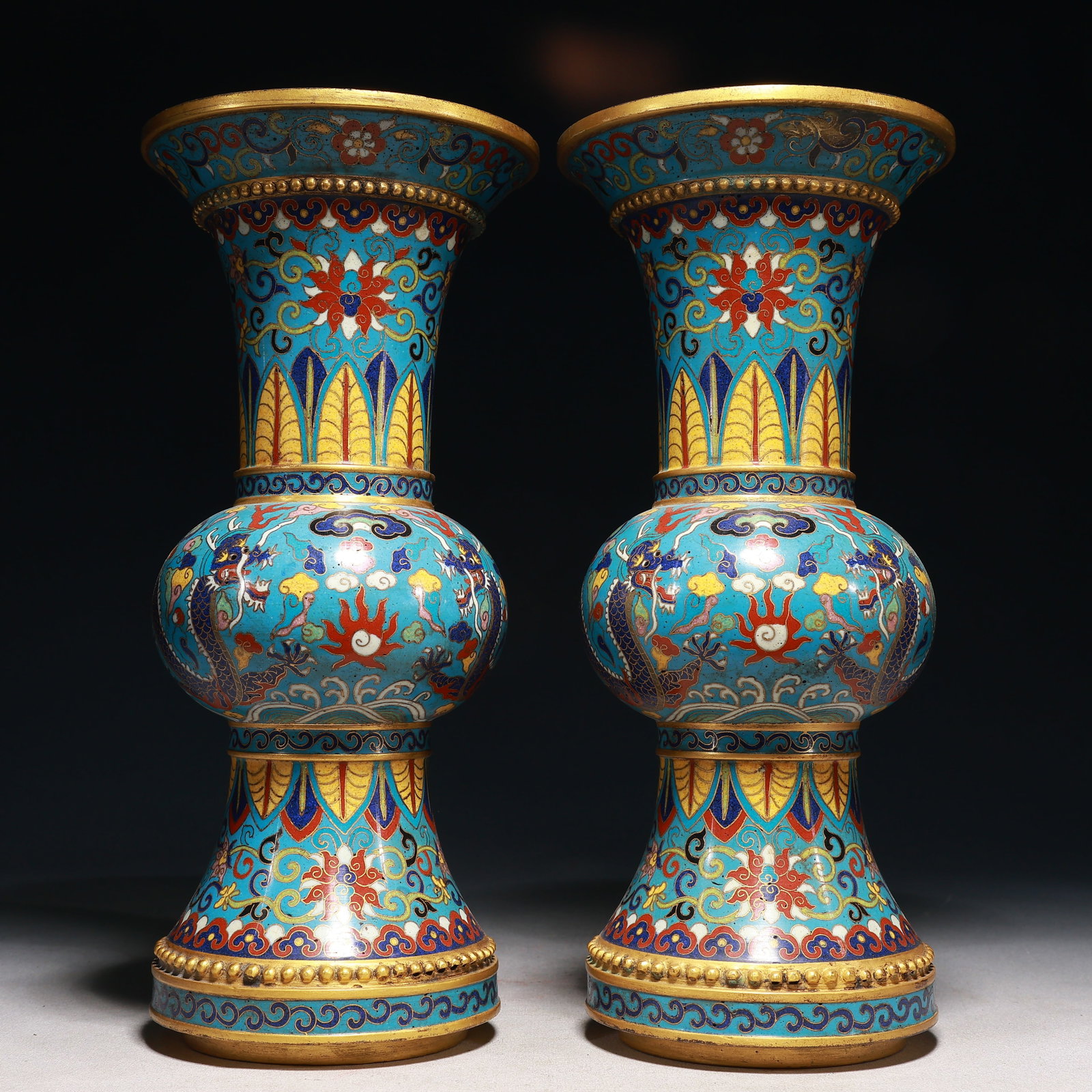 A Pair of Exquisite Cloisonne Lotus,Auspicious Cloud and Dragon Pattern Vases (1 of 15)