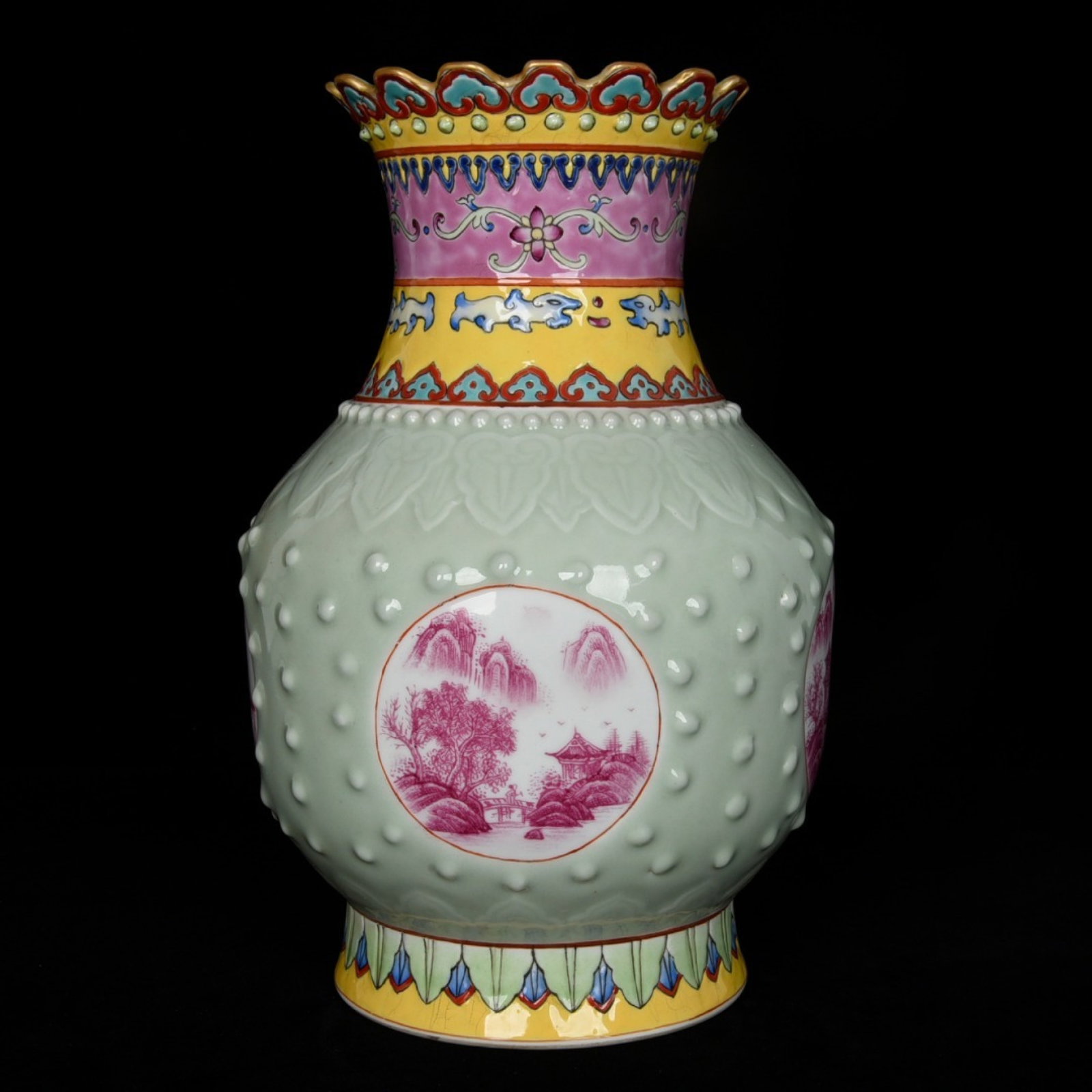 An Exquisite Celadon Glazed Enamel Landscape Pattern Vase: An Exquisite Celadon Glazed Enamel Landscape Pattern Vase,Qing Dynasty,China,Qianlong Six-character Mark,Size:11inx7.9in