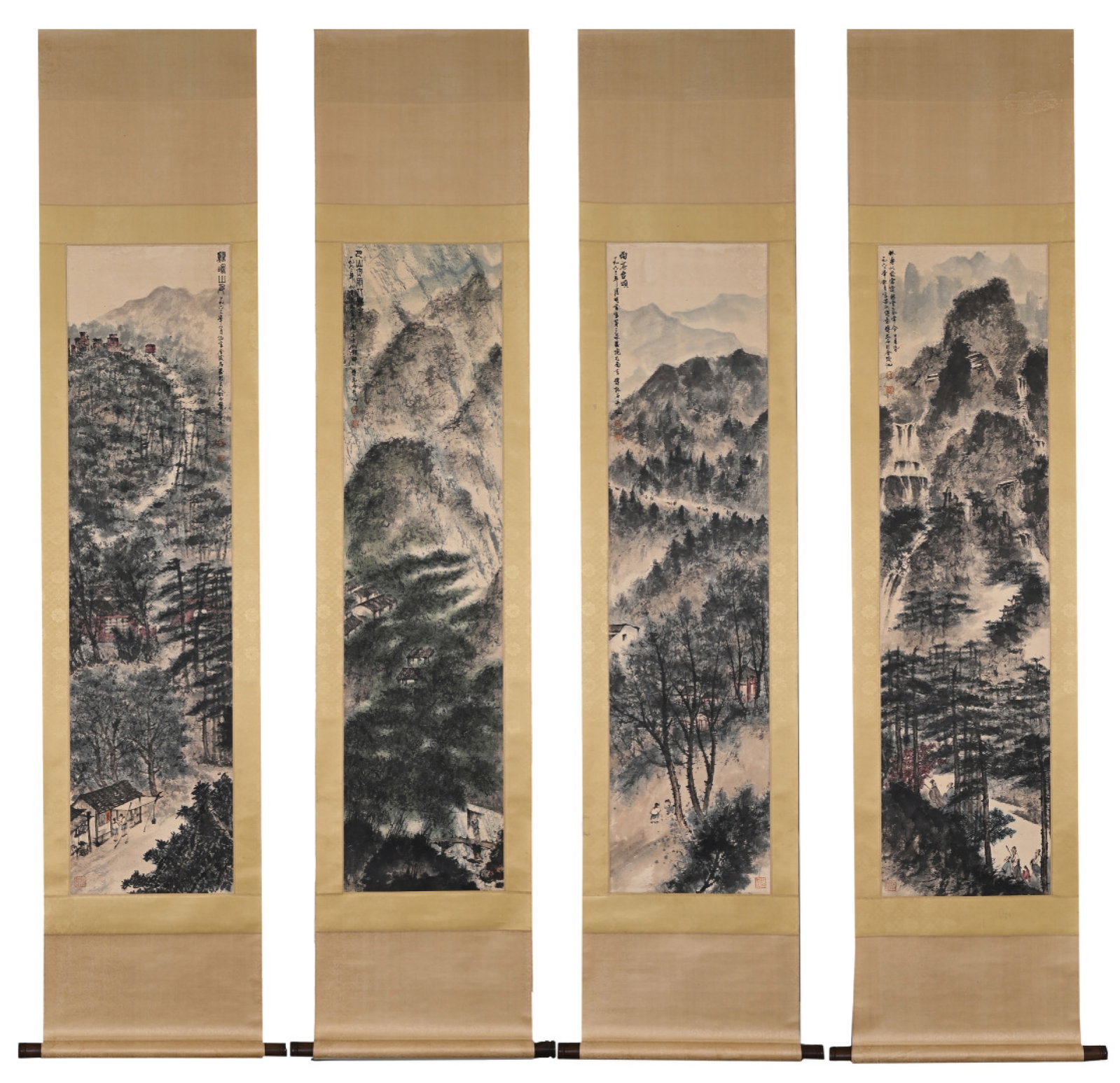 A Set of Chinese Vertical Scroll Ink Painting of Landscape on Paper: A Set of Chinese Vertical Scroll Ink Painting of Landscape on Paper,Fu Baoshi,Size:55.1inx13in