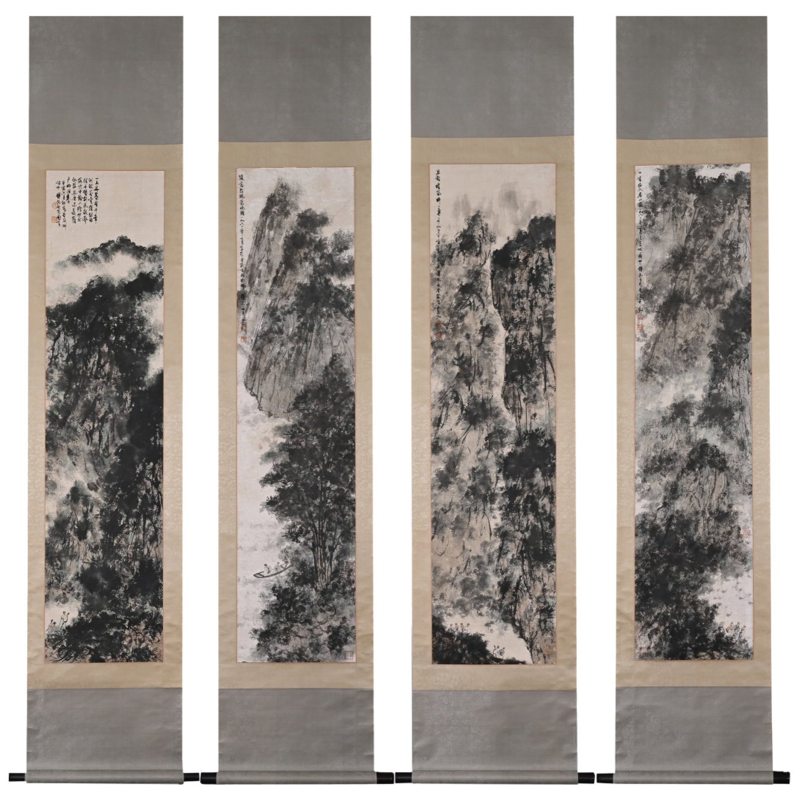 A Set of Chinese Vertical Scroll Ink Painting of Landscape on Paper: A Set of Chinese Vertical Scroll Ink Painting of Landscape on Paper,Fu Baoshi,Size:55.1inx13in 一套中国水墨山水画立轴,傅抱