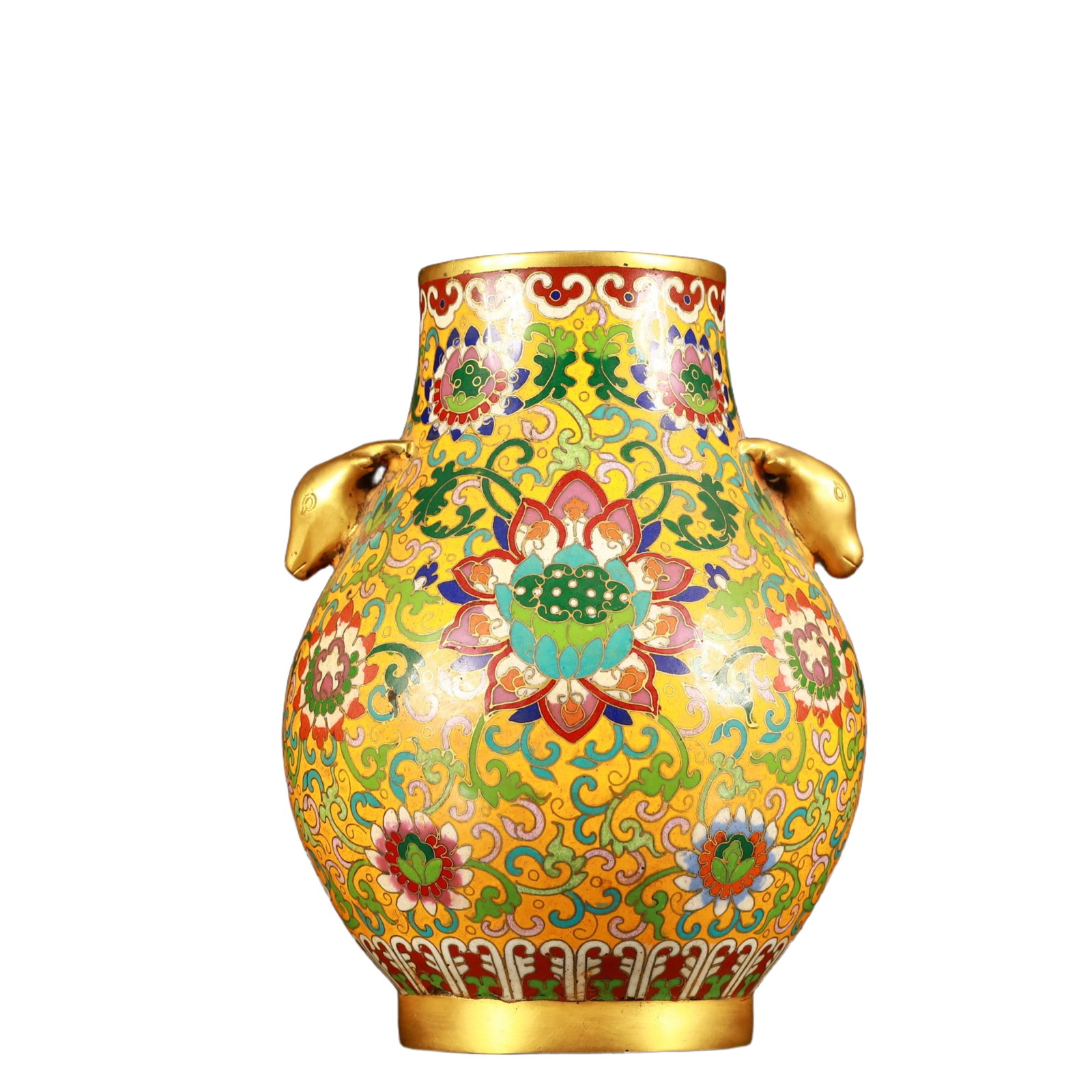 An Exquisite Cloisonne Lotus Pattern Deer-Ears Vase: An Exquisite Cloisonne Lotus Pattern Deer-Ears Vase,(A type of enamelware with metal wires separating colored glaze, originating in China),Qing Dynasty,China,Qianlong Four-character Mark,Size:6.3inx6.