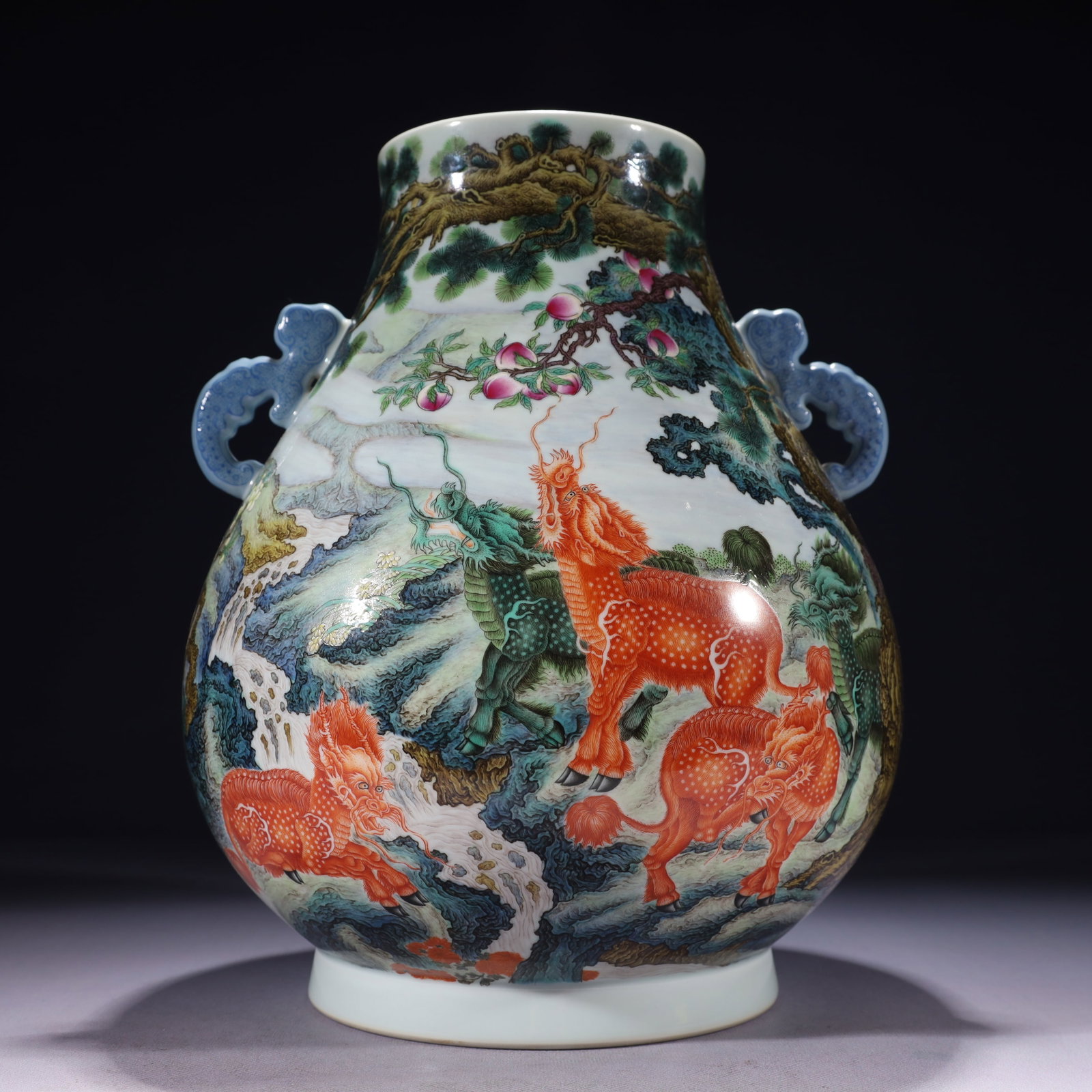An Exquisite Famille-Rose Iron-Red Kylin Pattern Double-Ears Vase,with poem: An Exquisite Famille-Rose Iron-Red Kylin Pattern Double-Ears Vase,with poem,Qing Dynasty,China,Yongzheng Six-character Mark,Size:9.8inx13in,Weight:4400g