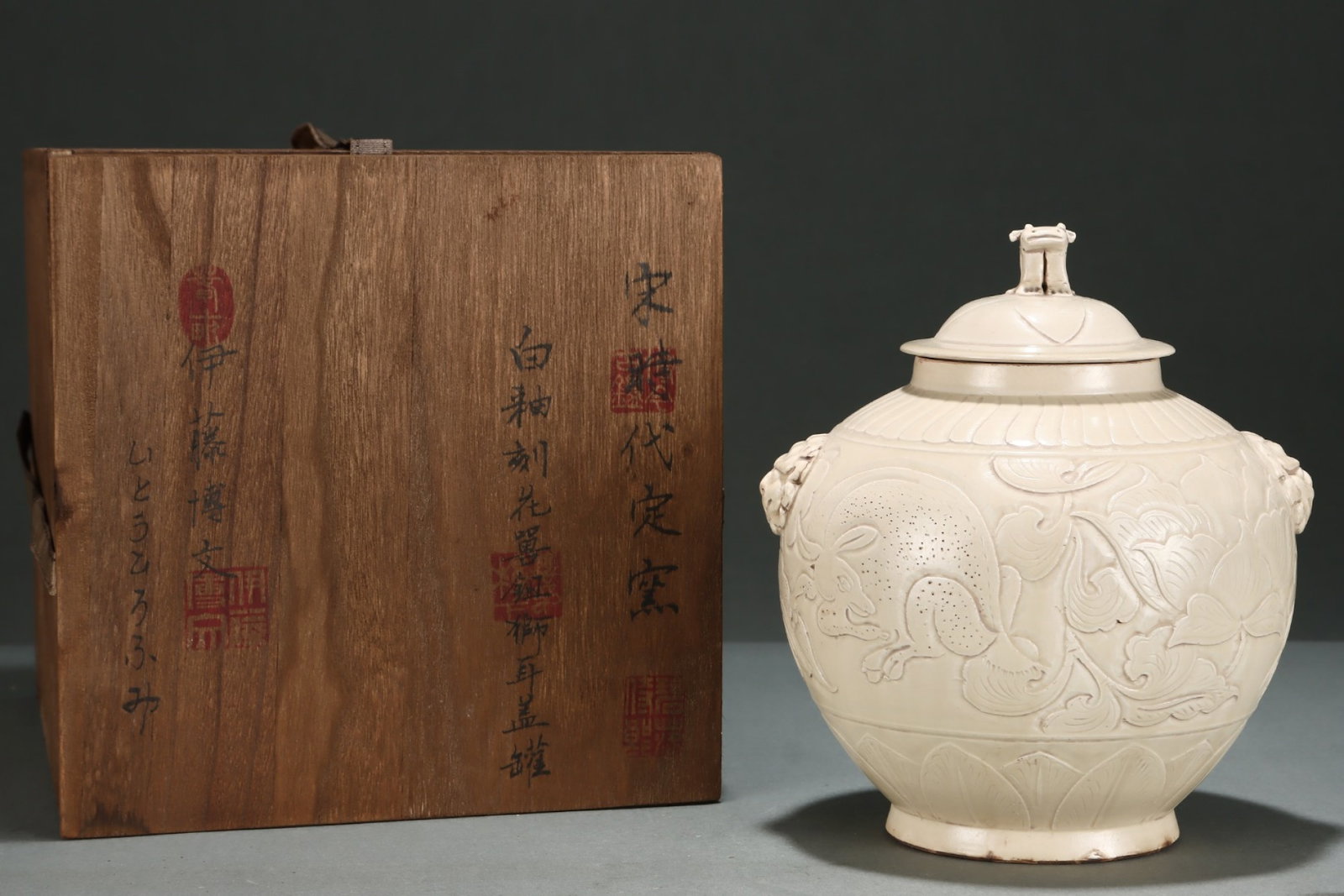 An Exquisite Ding yao White Glazed Flower Pattern Beast-Ears Jar with Cover (1 of 9)