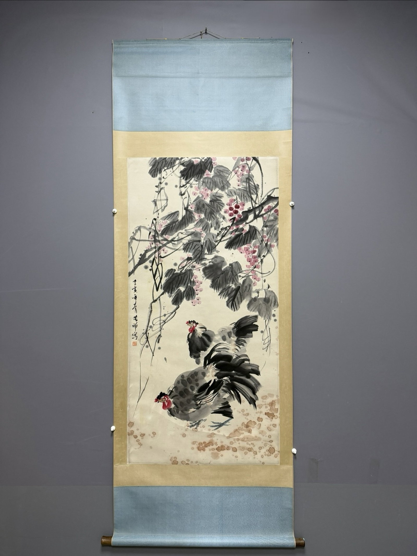 A Chinese Vertical Scroll Ink Painting of Rooster on Paper: A Chinese Vertical Scroll Ink Painting of Rooster on Paper,Li Kuchan,Size:54.3inx26.8in 一幅中国水墨鸡画立轴,李苦禅