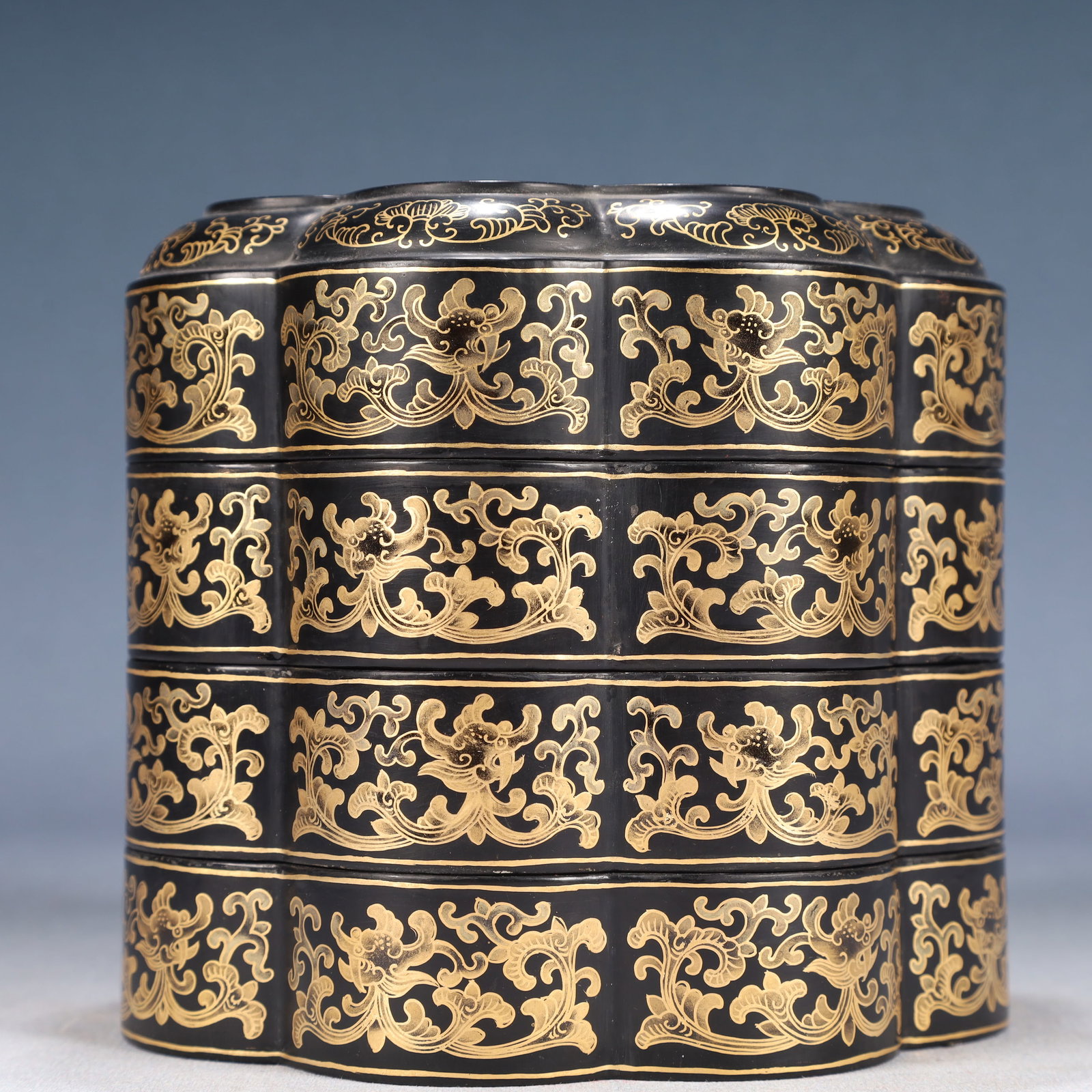 An Exquisite Black Lacquer Painted Gold Lotus and Dragon Pattern Cover Box: An Exquisite Black Lacquer Painted Gold Lotus and Dragon Pattern Cover Box,Qing Dynasty, China,Qianlong Six-character Mark,Size:6.3inx5.5in,Weight:850g
