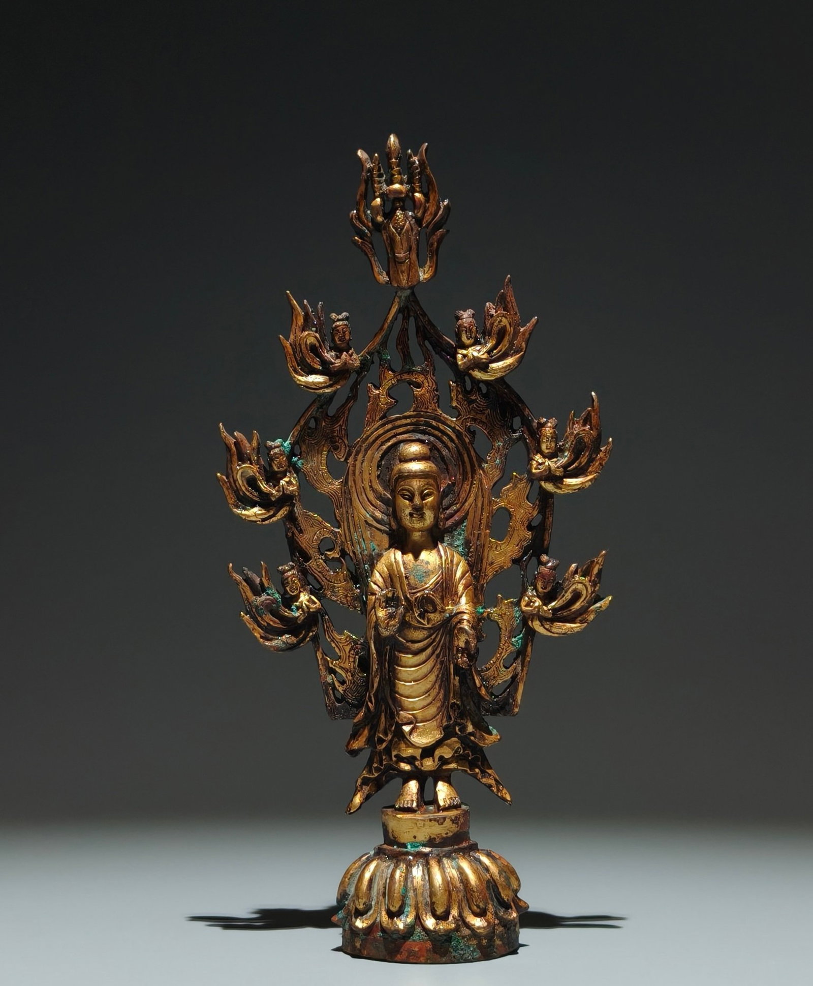 A Solemn Gilt Bronze Buddha Statue: A Solemn Gilt Bronze Buddha Statue,Tang Dynasty,China,Size:8.9inx4.3inx1.6in 铜鎏金佛像,中国唐代