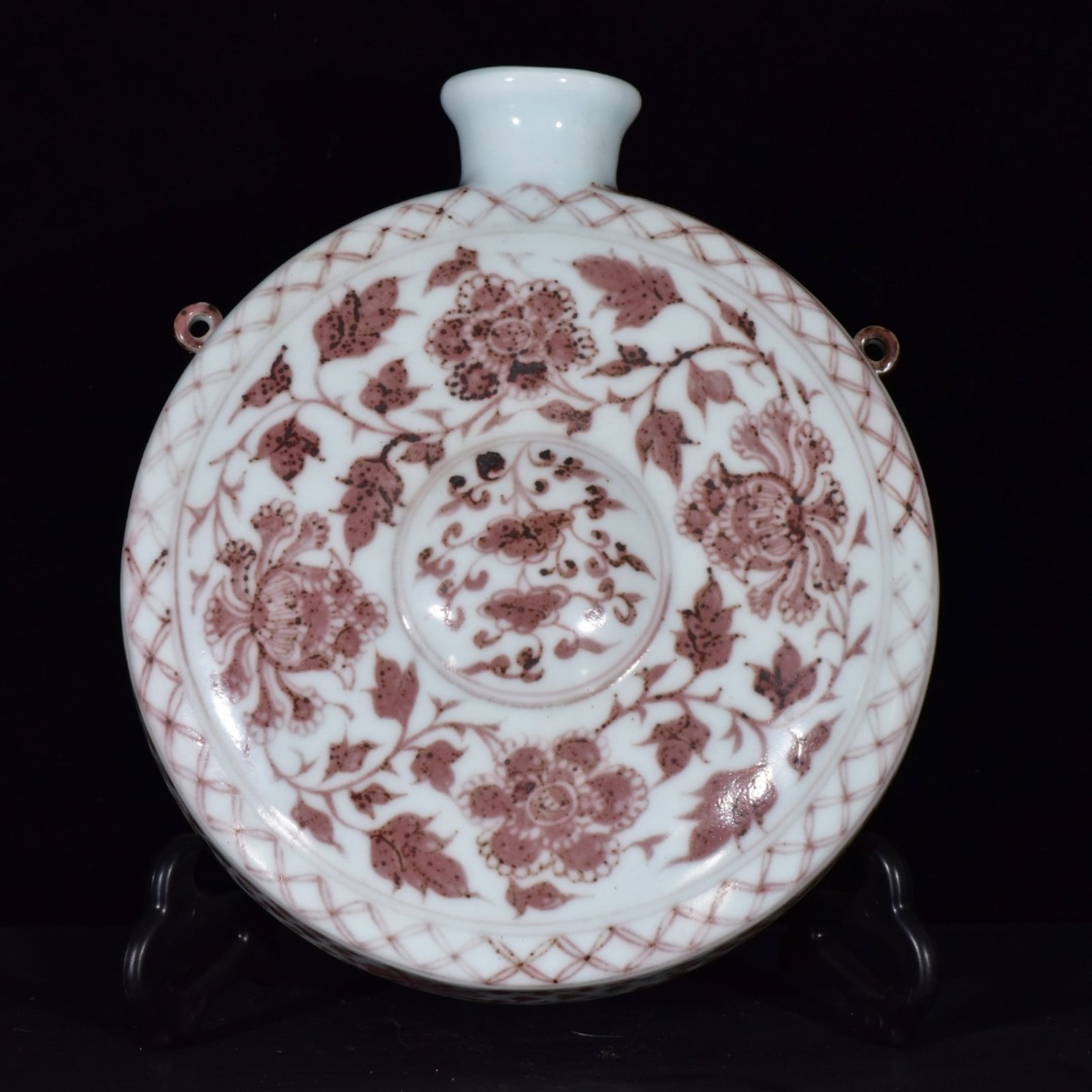 An Exquisite Underglaze-Red Lotus Pattern Double-Ears Vase: An Exquisite Underglaze-Red Lotus Pattern Double-Ears Vase,Qing Dynasty,China,Size:2.8inx9.4inx8.3in 釉里红缠枝莲纹双耳瓶,中国&#