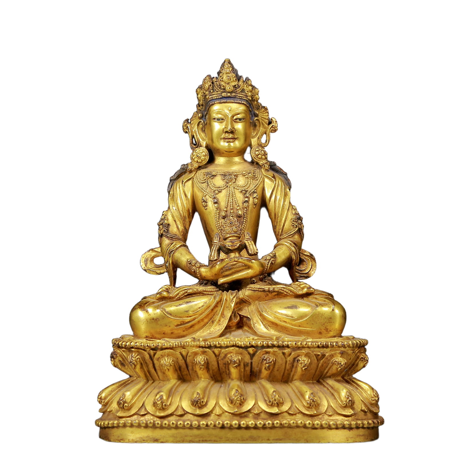 A Solemn Gilt Bronze Statue of Amitayus: A Solemn Gilt Bronze Statue of Amitayus,Ming Dynasty, China,Size:6.3inx4.1inx9.1in,Weight:2615g 铜鎏金无量寿佛像，明代