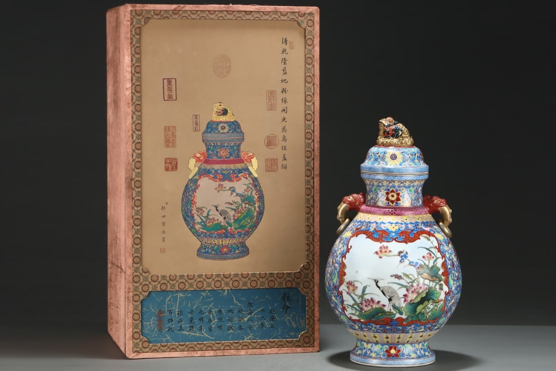 A HugeBlue-Ground Famille Rose Paneled Covered Jar With Flowers And Birds (1 of 8)