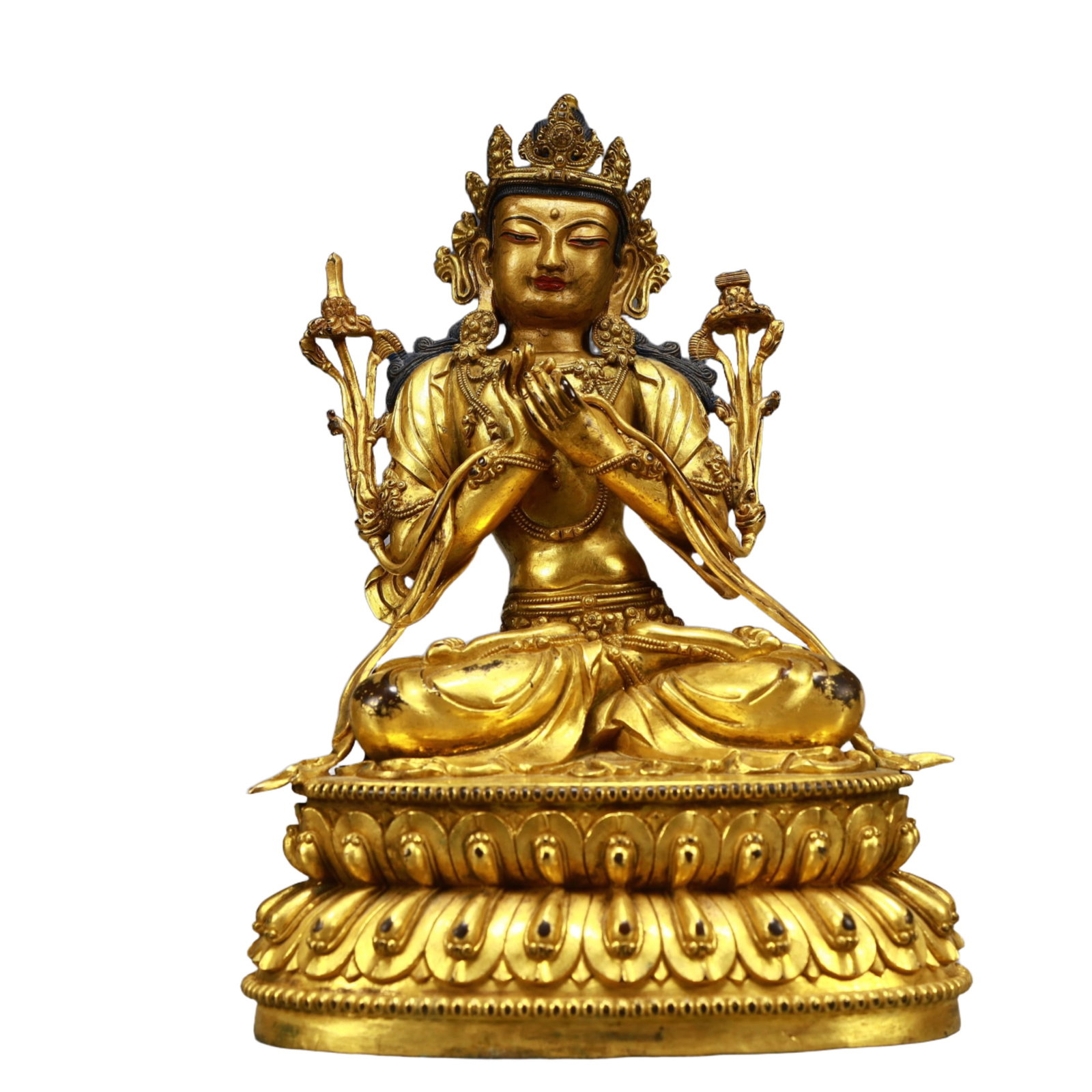A Solemn Gilt Bronze Statue of Manjusri: A Solemn Gilt Bronze Statue of Manjusri,Ming Dynasty, China,Yongle Six-character Mark,Size:6.5inx4.3inx9.1in,Weight:2800g 铜鎏金文殊菩萨像,中Þ