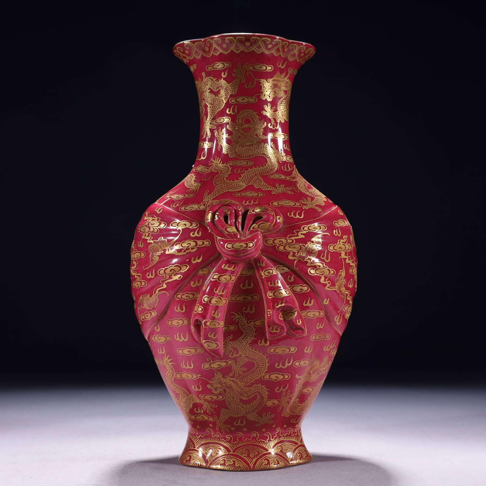 An Exquisite Ruby Red-Glazed Painted Gold Auspicious Cloud and Dragon Pattern Vase: An Exquisite Ruby Red-Glazed Painted Gold Auspicious Cloud and Dragon Pattern Vase,Qing Dynasty,China,Yongzheng Four-character Mark,Size:6.3inx4.3inx11.8in,Weight:1500g 胭脂红描