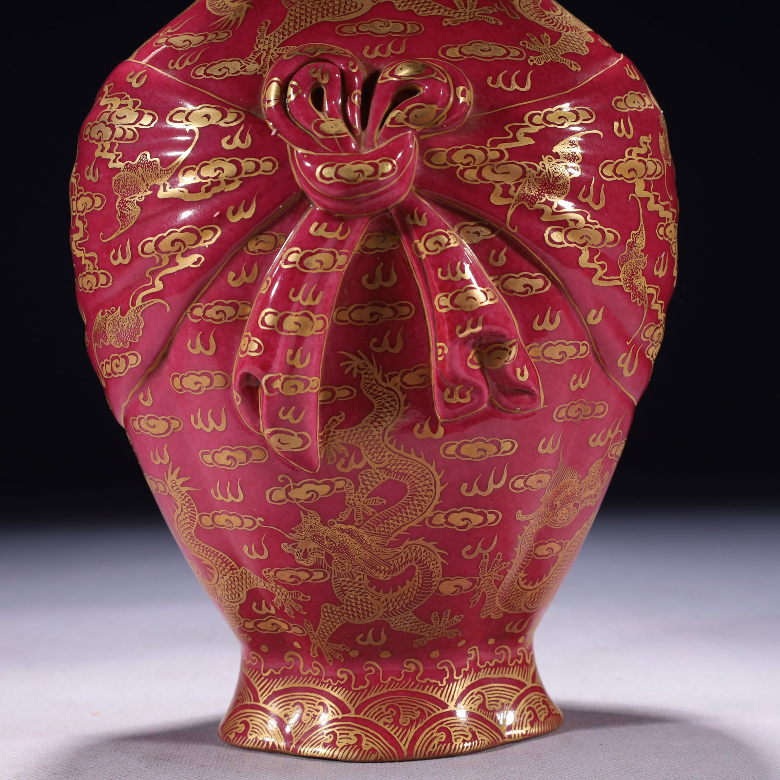 An Exquisite Ruby Red-Glazed Painted Gold Auspicious Cloud and Dragon Pattern Vase - 3
