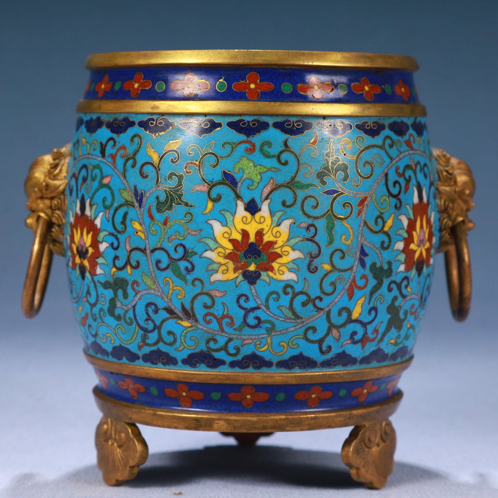 An Exquisite Cloisonne Lotus Pattern Lion-Ears Tripod Jar: An Exquisite Cloisonne Lotus Pattern Lion-Ears Tripod Jar,Qing Dynasty, China,Qianlong Four-character Mark,Size:5.1inx5.1in,Weight:800g