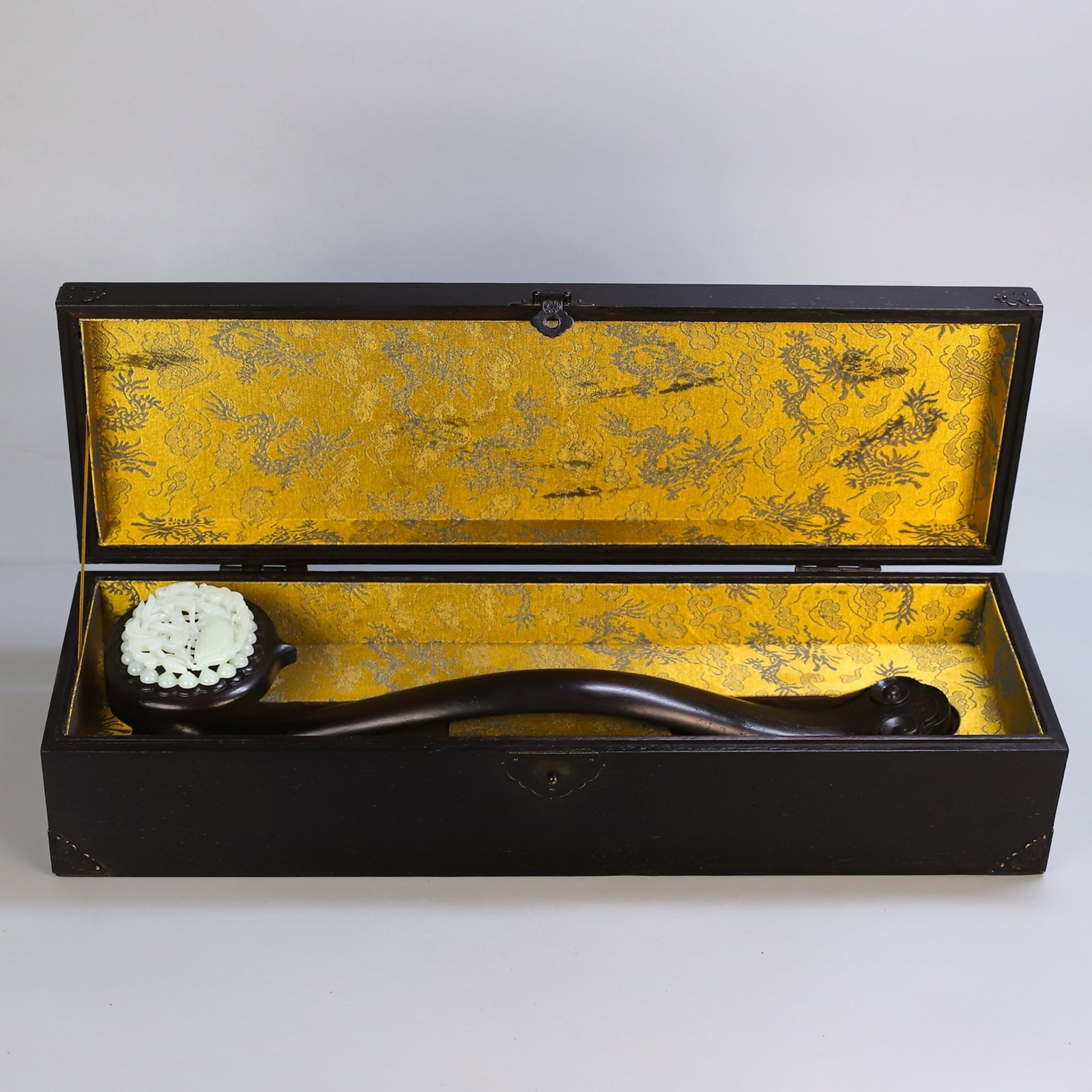 A Huge Zitanwood Inlaid White Jade Hollow Goose Pattern Ruyi: A Huge Zitanwood Inlaid White Jade Hollow Goose Pattern Ruyi,Qing Dynasty,China,Size:(Box)5.1inx21.3in,(Ruyi)18.5inx4.7in,Total Weight:2605g