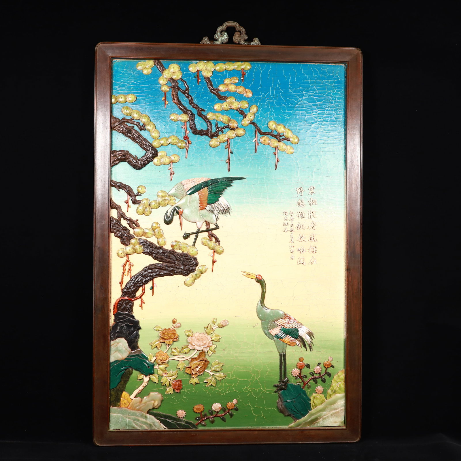 A Huge ZitanwoodInlaid Cloisonne Pine and Crane Pattern Hanging Panel,Inlaid Gems,With Poem: A Huge ZitanwoodInlaid Cloisonne Pine and Crane Pattern Hanging Panel,Inlaid Gems,With Poem,Qing Dynasty, China,Size:28.7inx46.1in,Weight:11850g 紫檀木镶景泰蓝