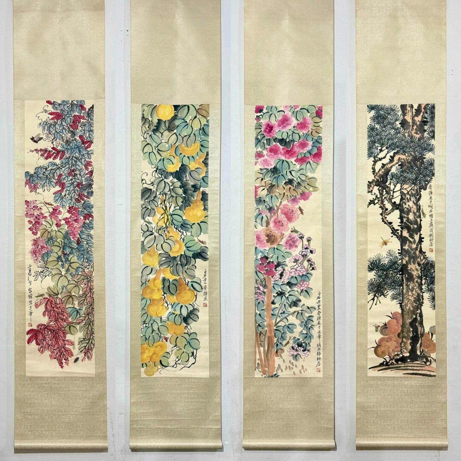 A Set of Chinese Vertical Scroll Ink Painting of Flower on Paper: A Set of Chinese Vertical Scroll Ink Painting of Flower on Paper,Qi Baishi,Size:(entirety)87.8inx18.1in,(Without frame)53.9inx13.4in 一套中国水墨花卉