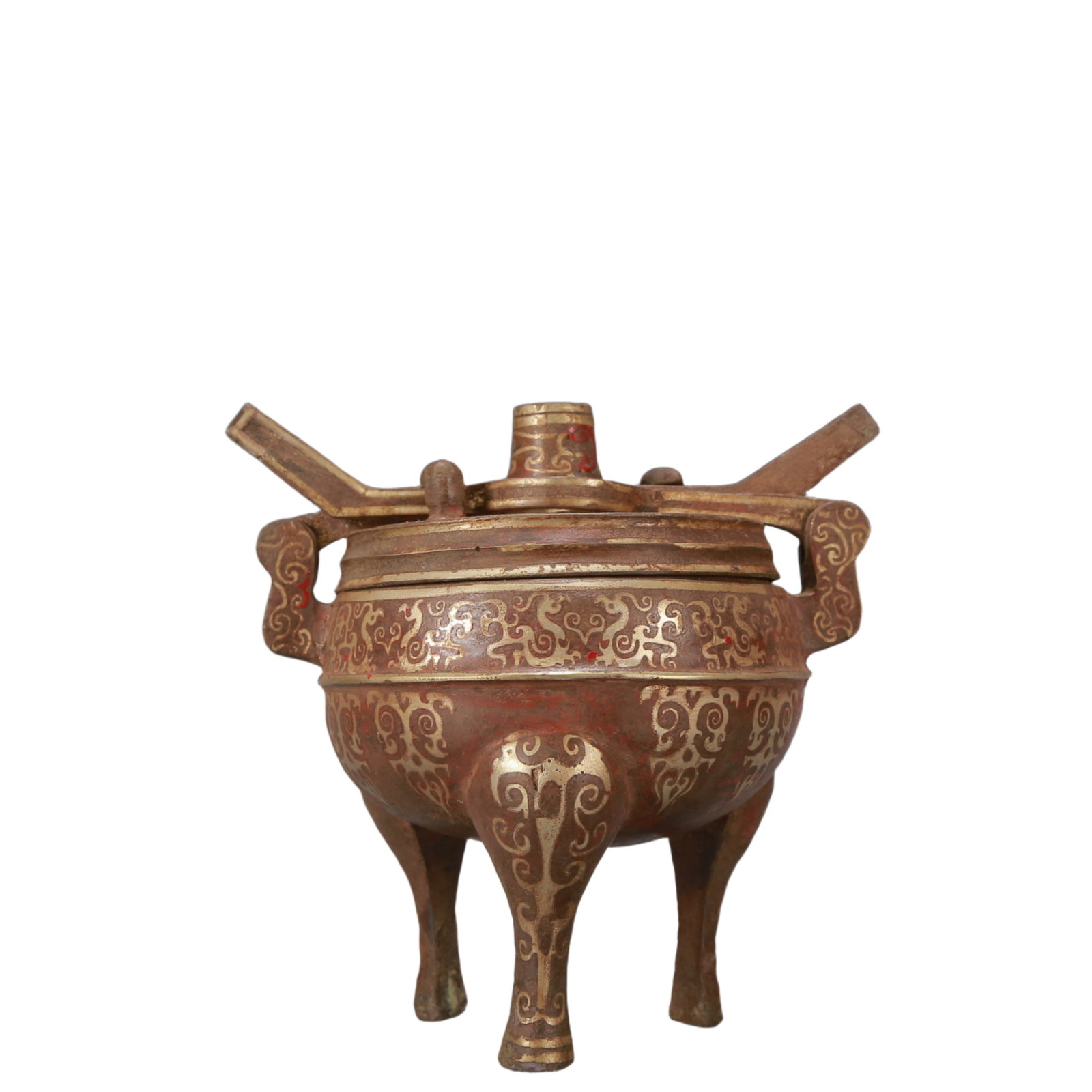 A Exquisite Gold and Silver-Inlaid Bronze Phoenix Pattern -With Inscription Double-Ears and Tripod: A Exquisite Gold and Silver-Inlaid Bronze Phoenix Pattern -With Inscription Double-Ears and Tripod Censer Ancient Time, China ,Size:6.7inx6.3in Weight:1250g 铜错金银香