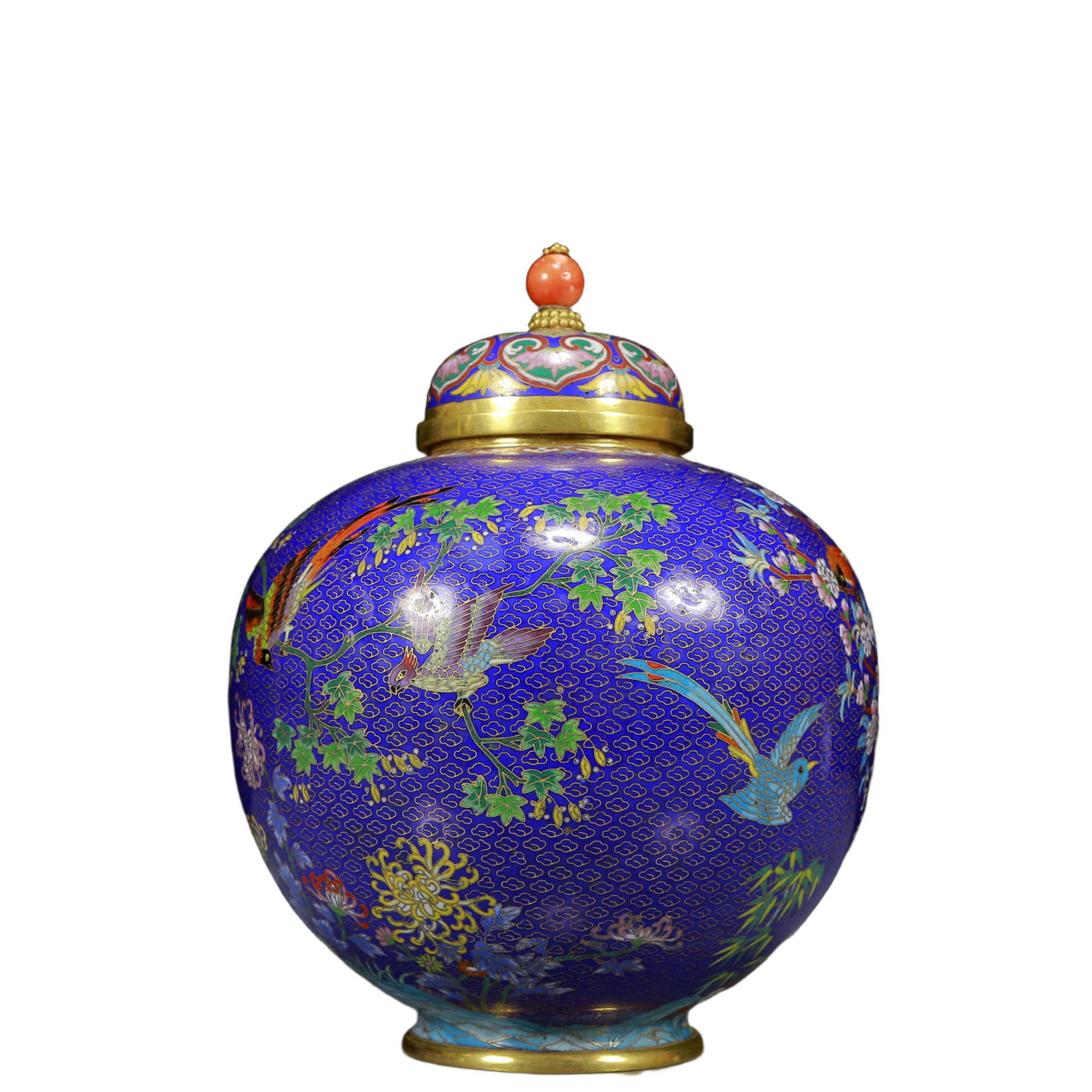 A Rare Cloisonne Flower and Bird Pattern with Cover Jar: A Rare Cloisonne Flower and Bird Pattern with Cover Jar,Qing Dynasty, China,Qianlong Four-character Mark,Size:8.7inx12.6in,Weight:3325g 景泰蓝花鸟纹盖罐