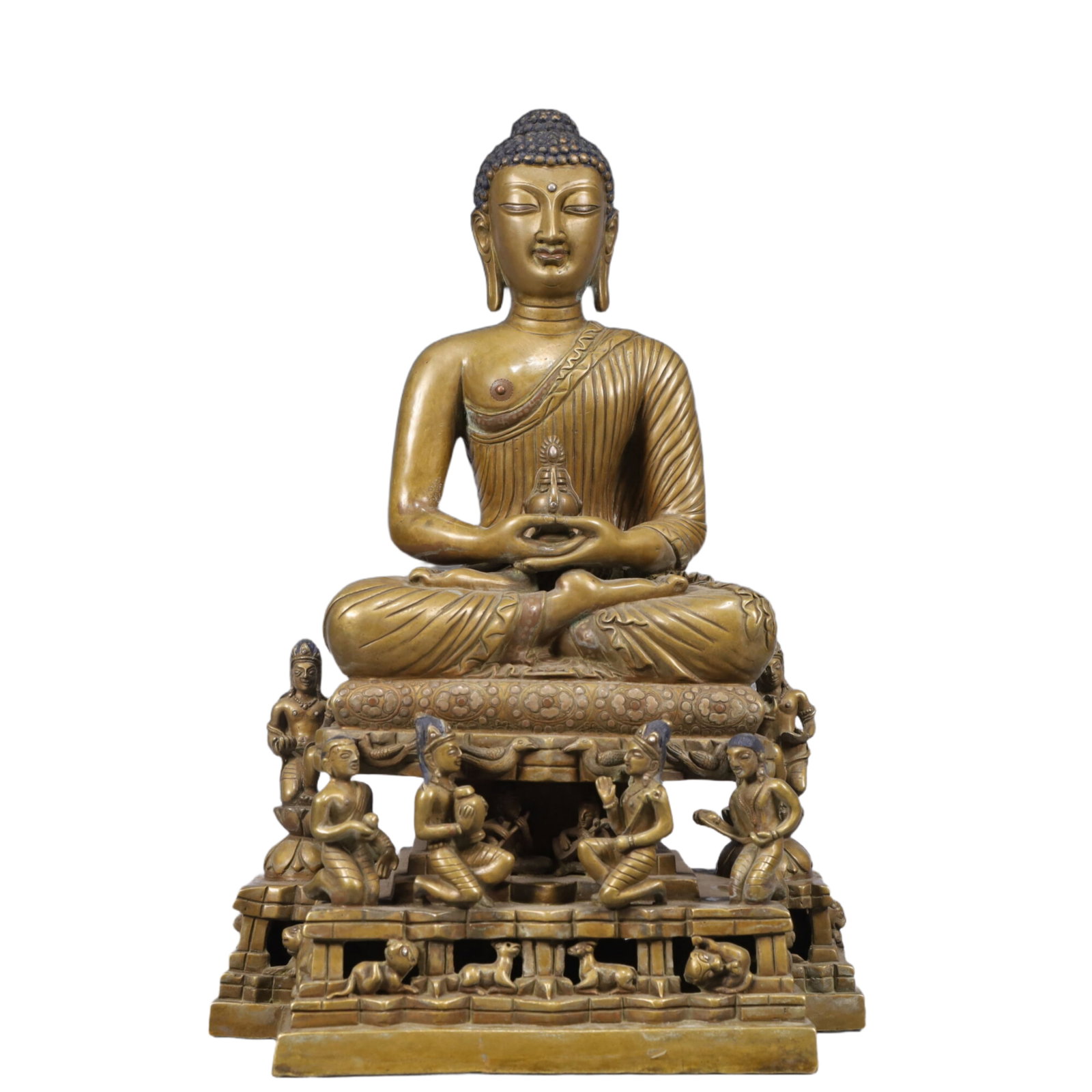 A Solemn Gilt Bronze Statue of Sakyamuni, With Inscription: A Solemn Gilt Bronze Statue of Sakyamuni, With Inscription, Ming Dynasty, China, Size:9.1inx5.5inx13.4in, Weight:5800g 铜鎏金如来像,带铭文,中